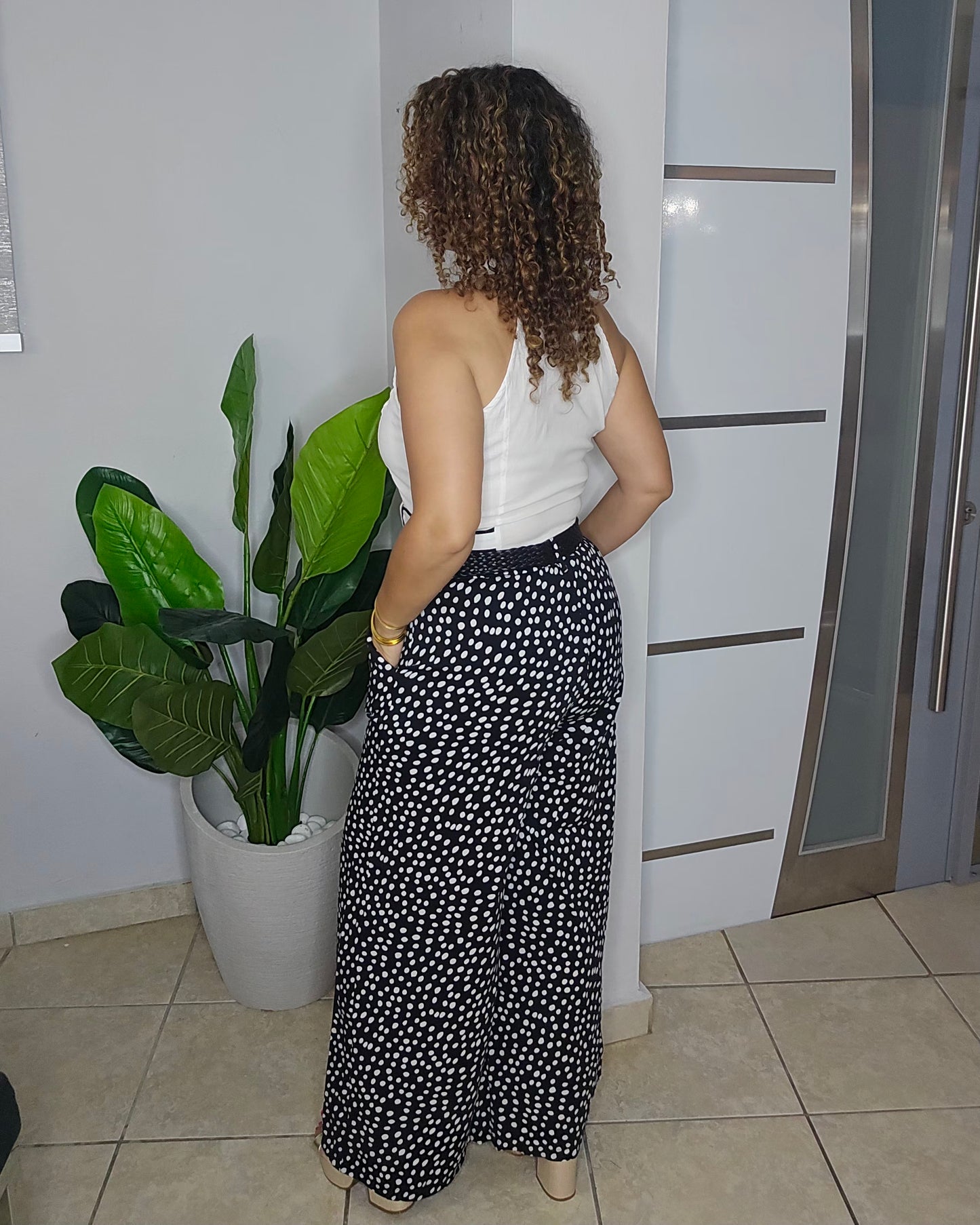 Midnight Dotted Wide-Leg Belted Trusers