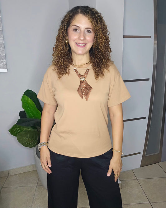 Polka Bow Top in Camel