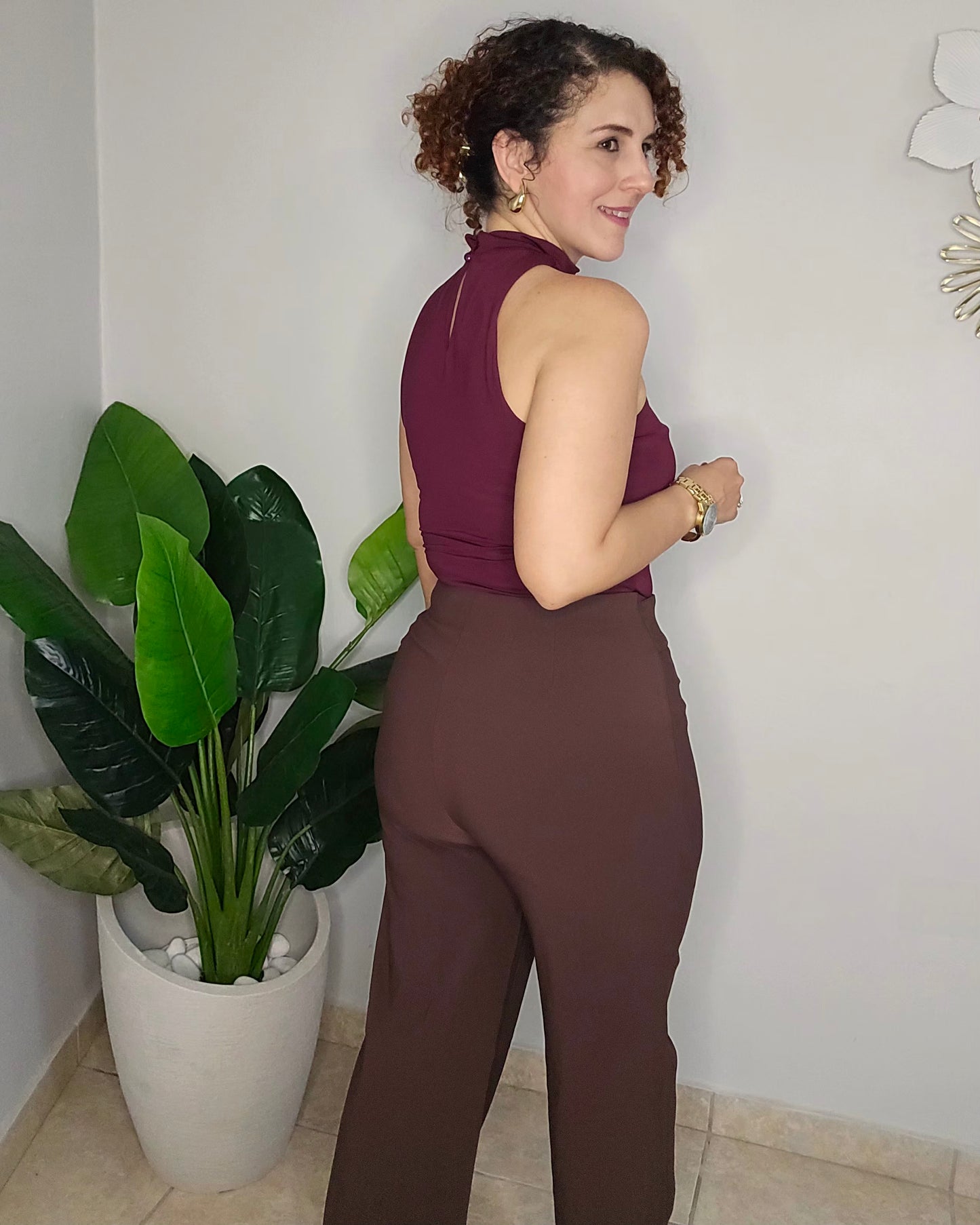 Gold Buckle Detail Wide-Leg Trousers