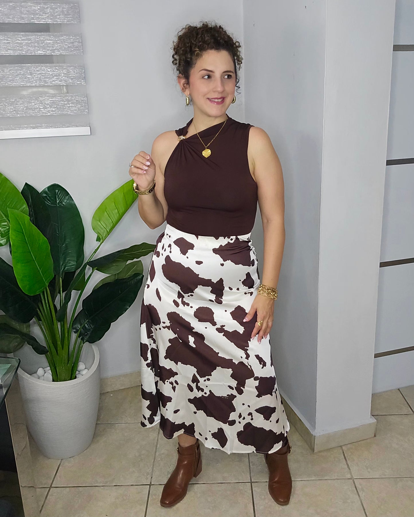 Cow print midi skirt