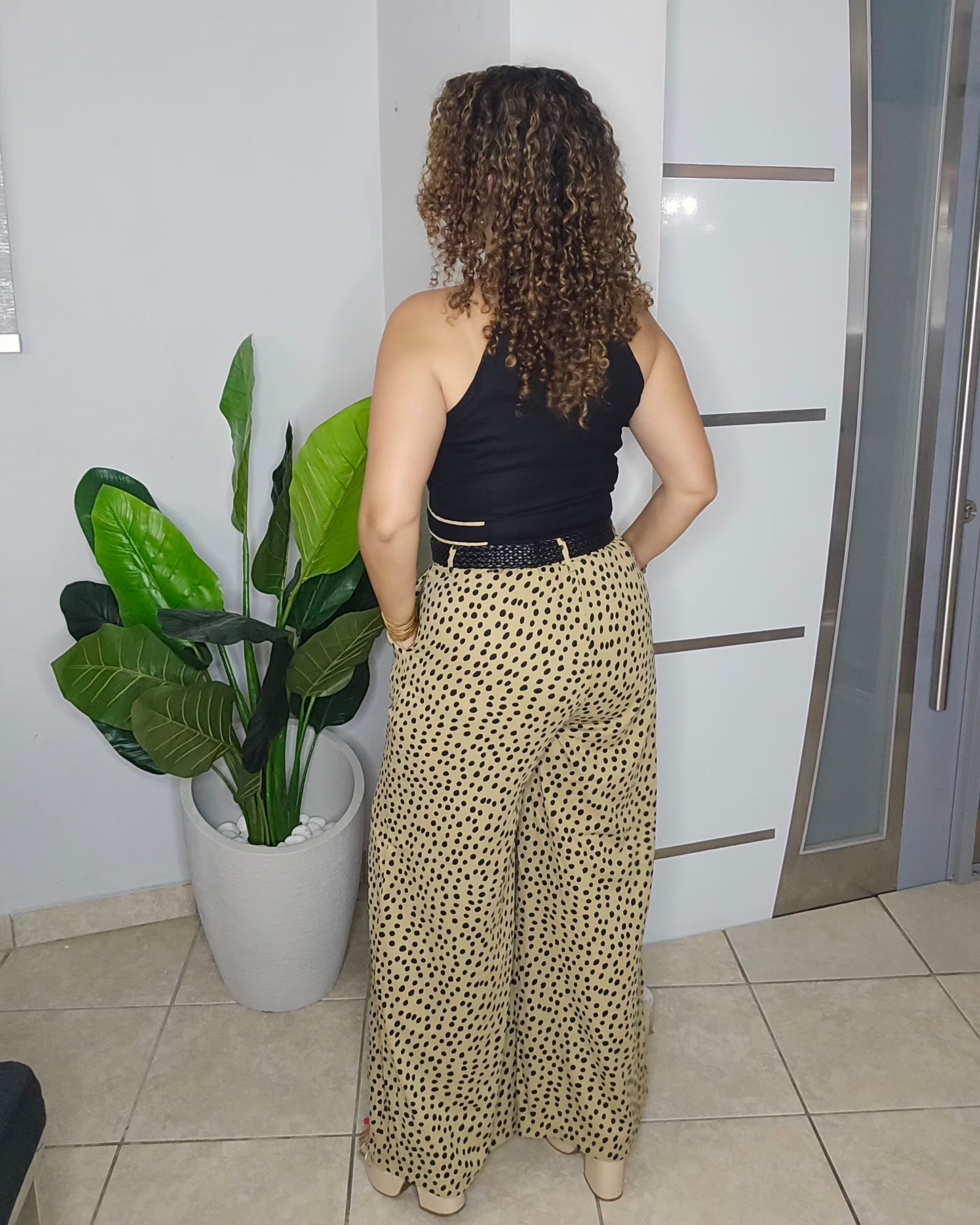 Champagne Dotted Wide-Leg Belted Trousers