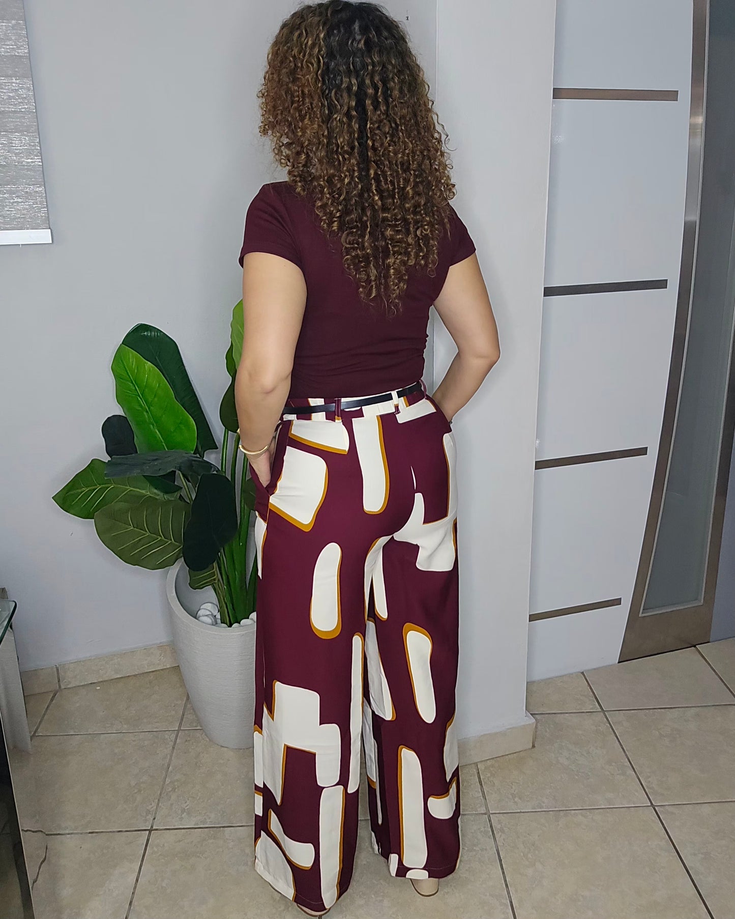 Abstract Muse Belted Palazzo-Burgundy
