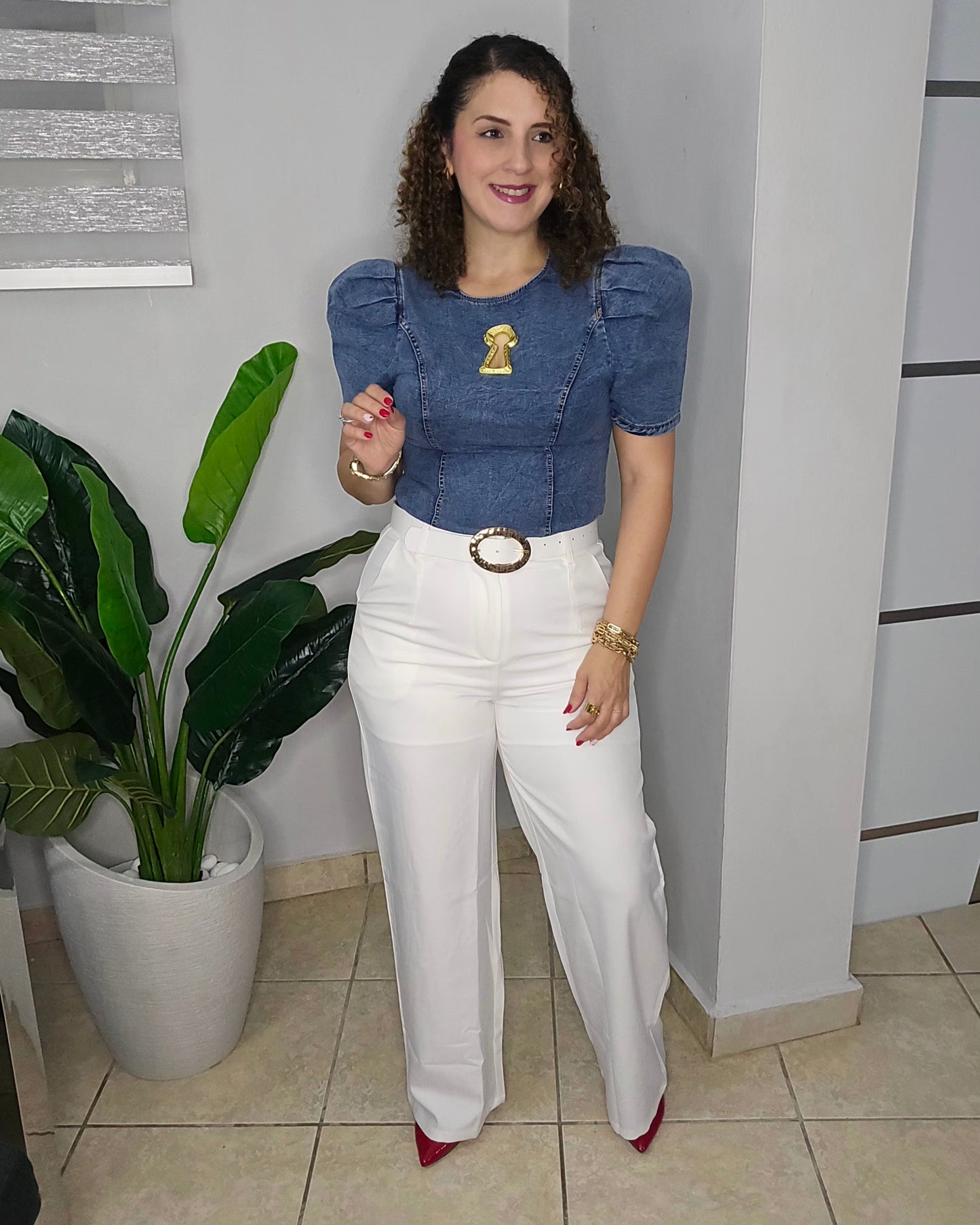 Golden key denim blouse