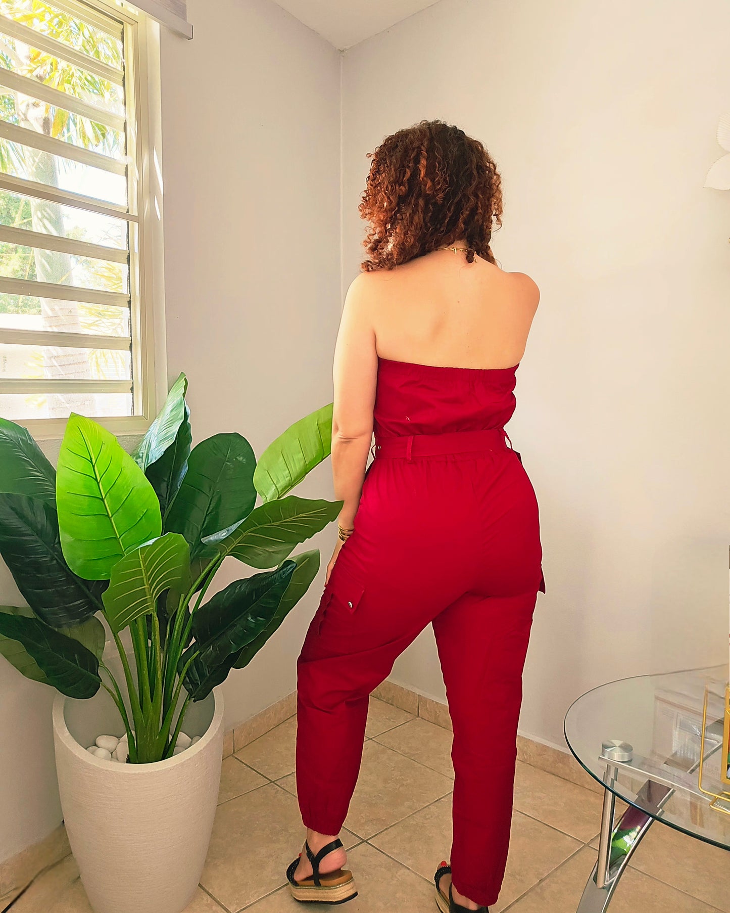 Strapless Burgundy jumpsuit