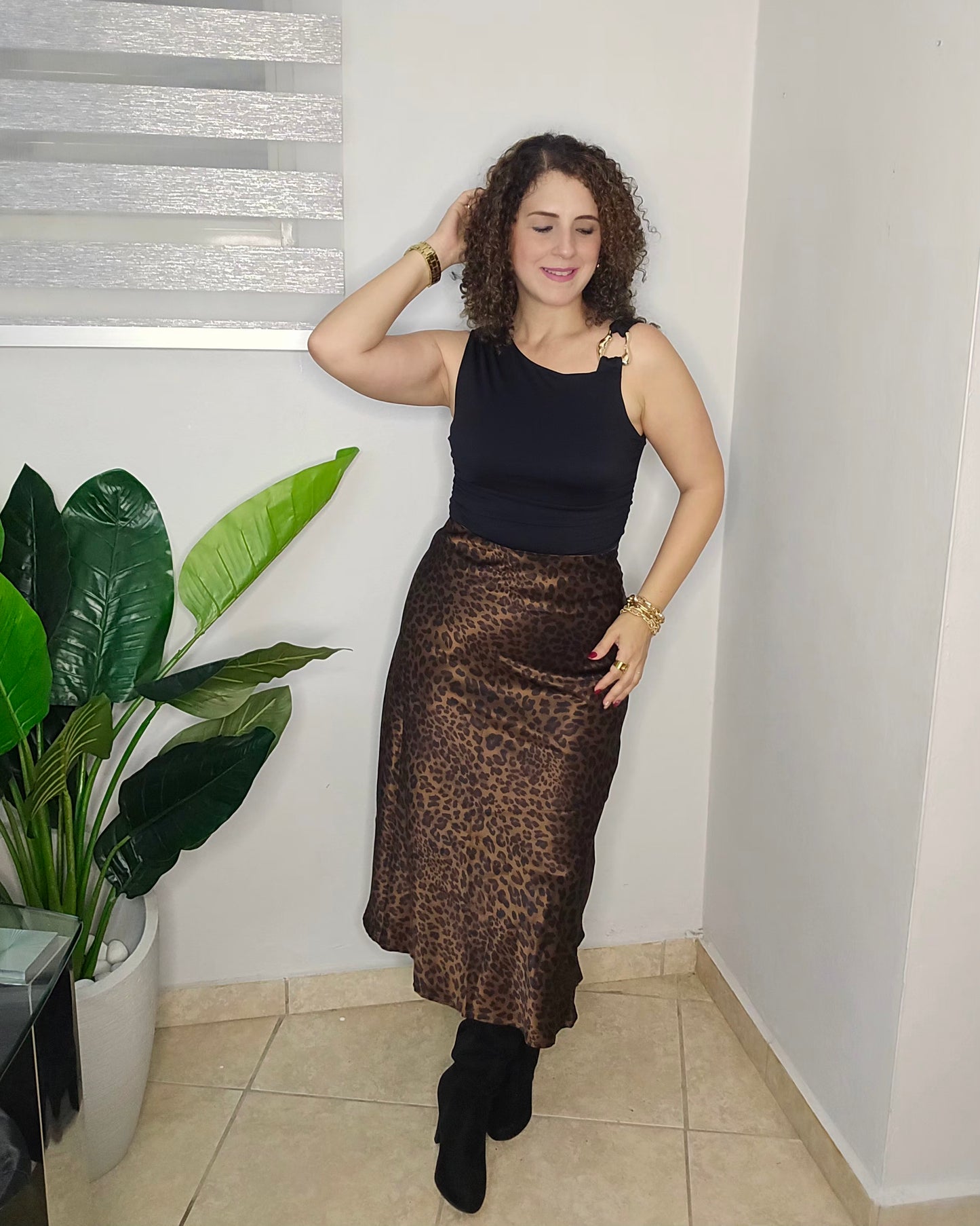 Satin Leopard Midi Skirt