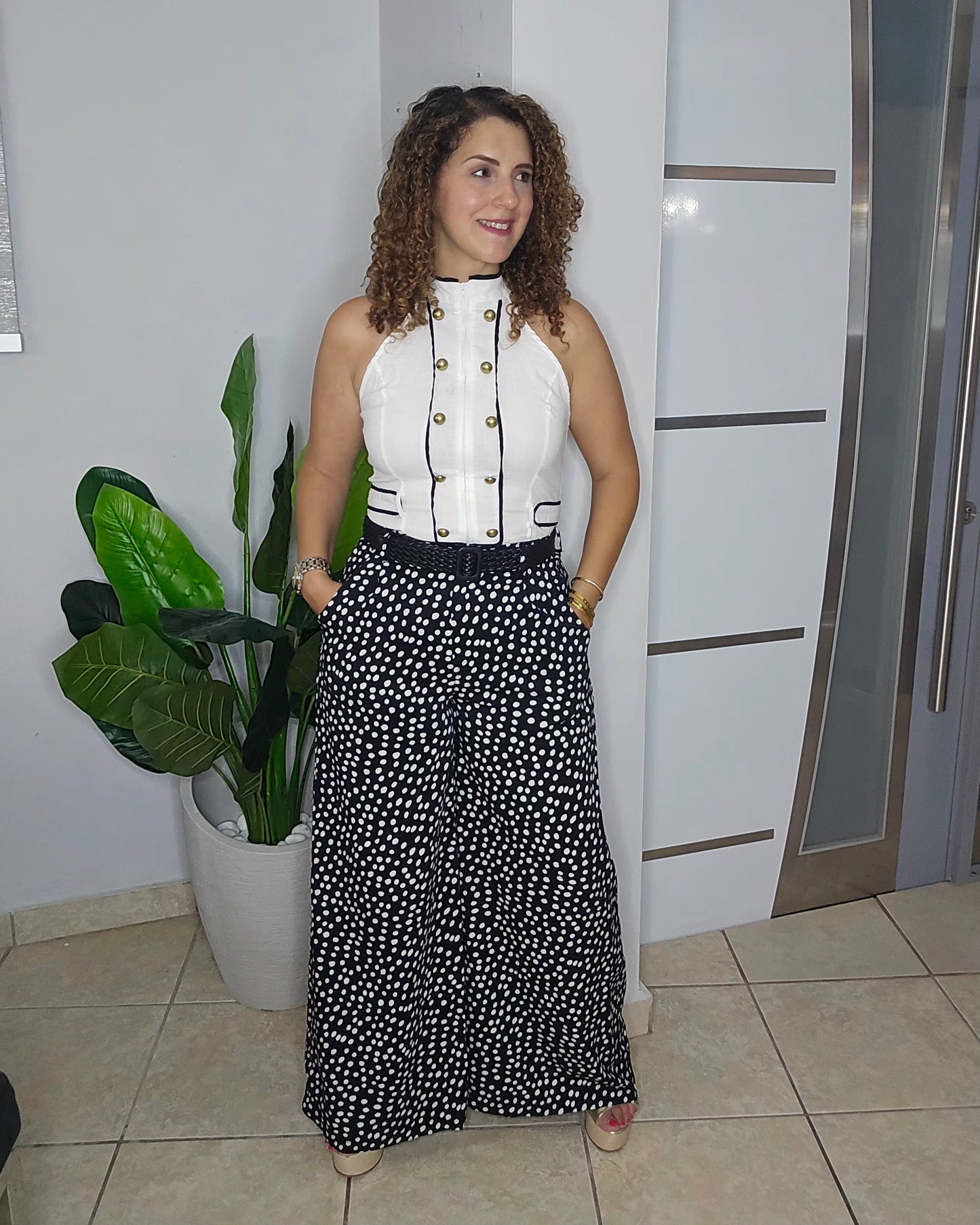 Midnight Dotted Wide-Leg Belted Trusers