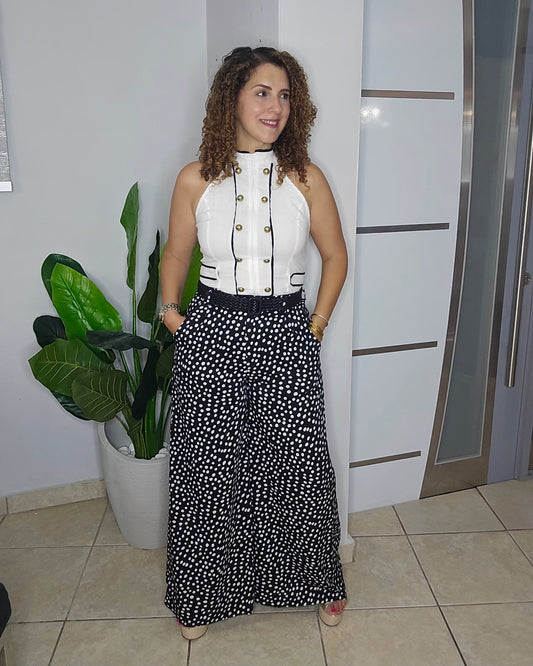 Midnight Dotted Wide-Leg Belted Trusers