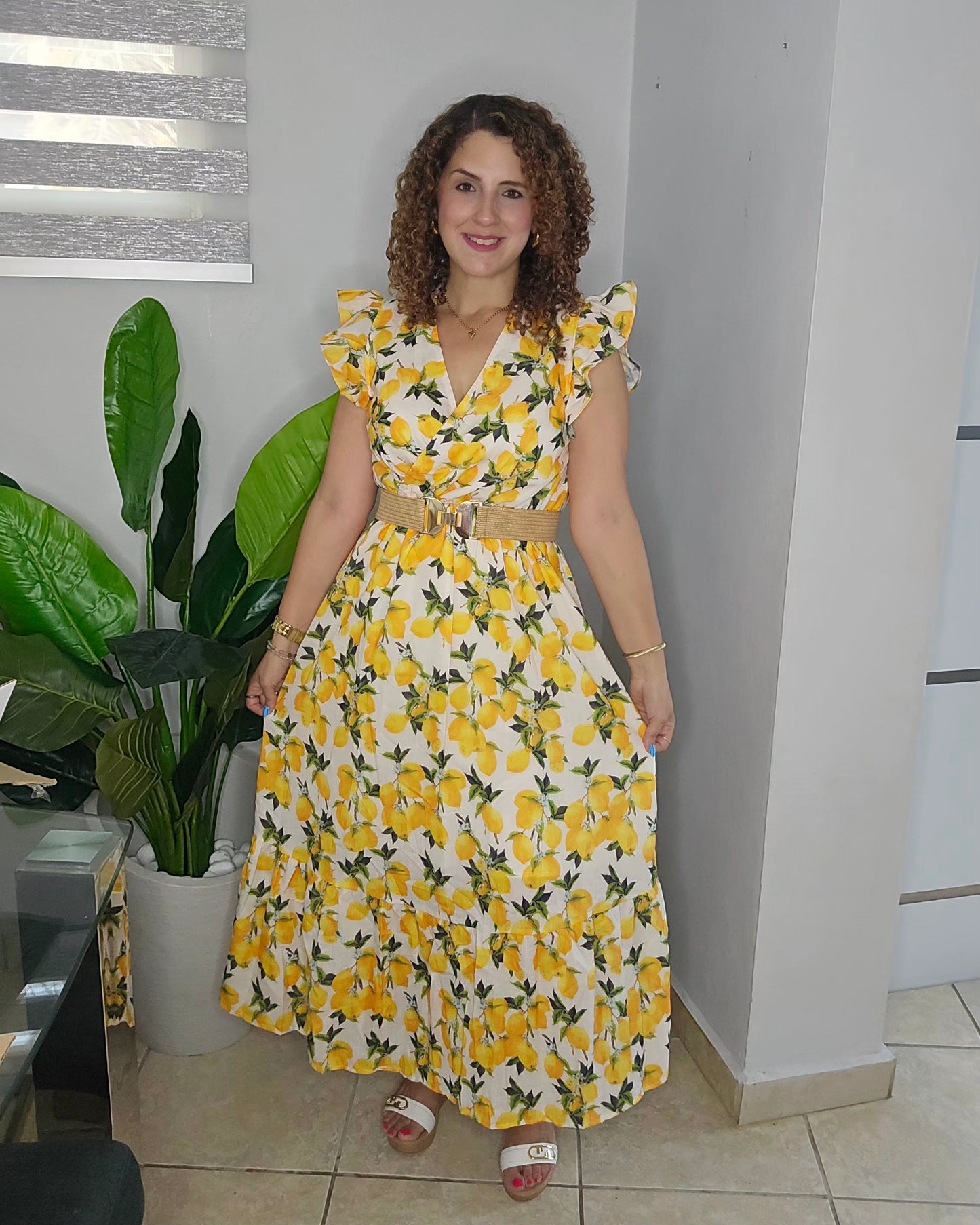 Golden Lemon Belted Maxi Dress