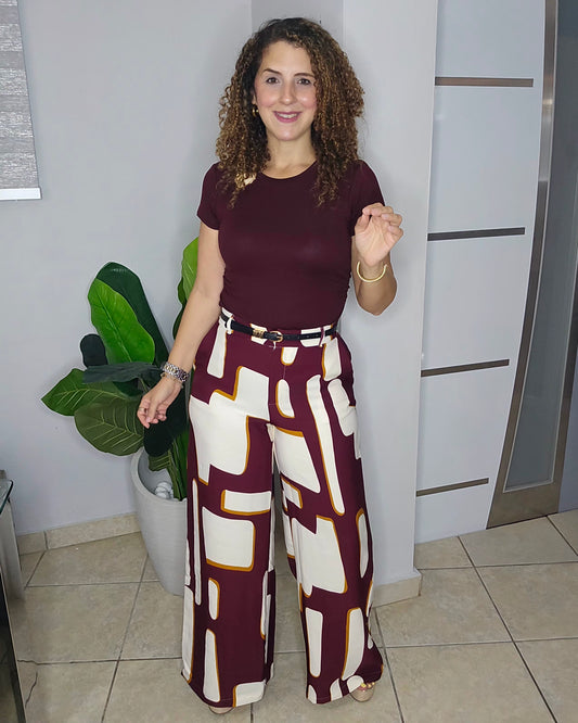 Abstract Muse Belted Palazzo-Burgundy