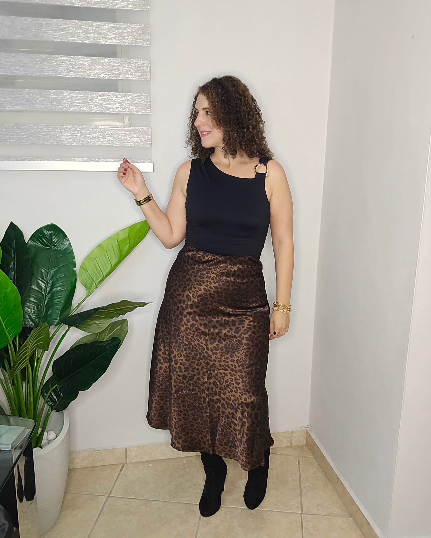 Satin Leopard Midi Skirt