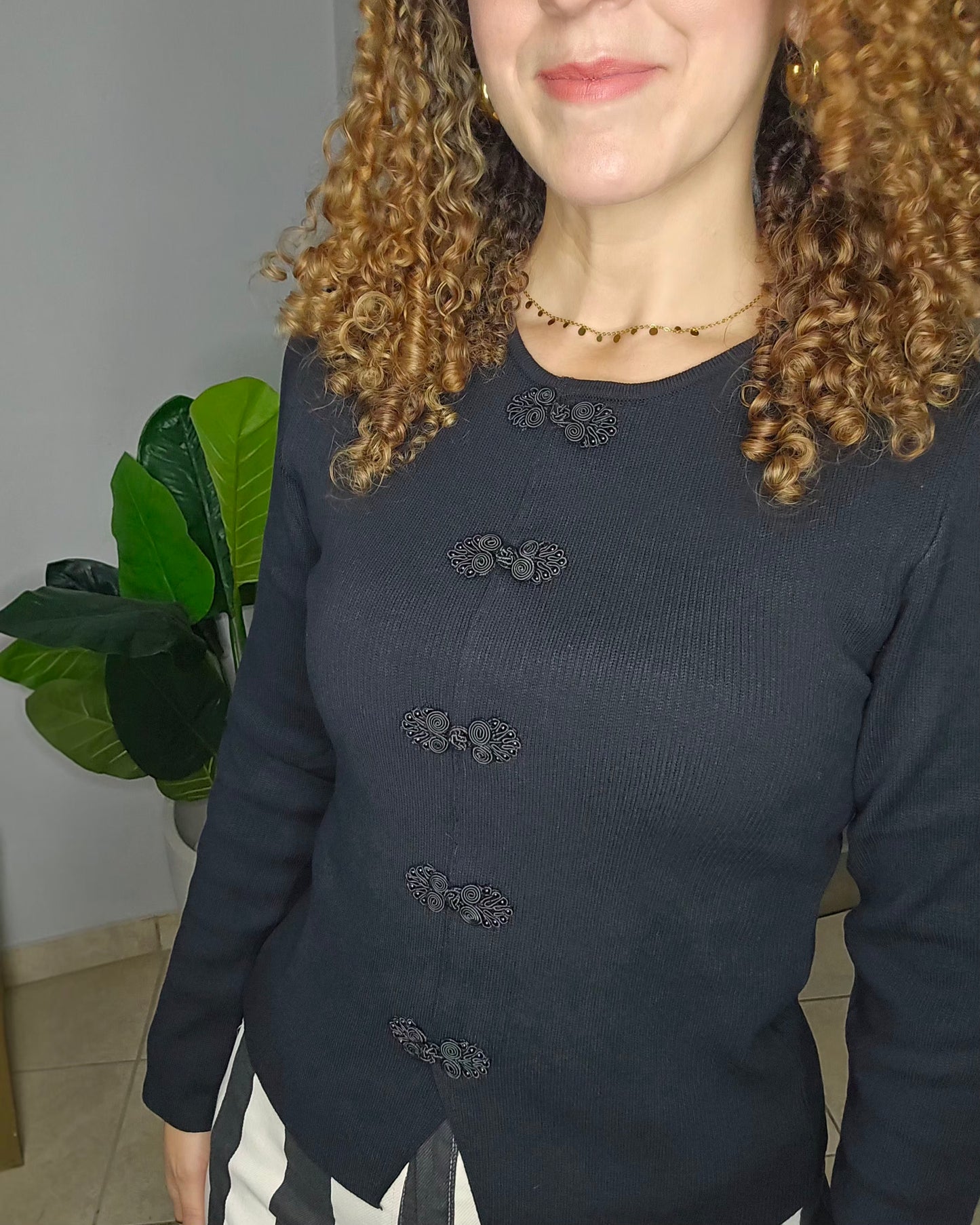 Alana Frog Clouser Sweater in Black