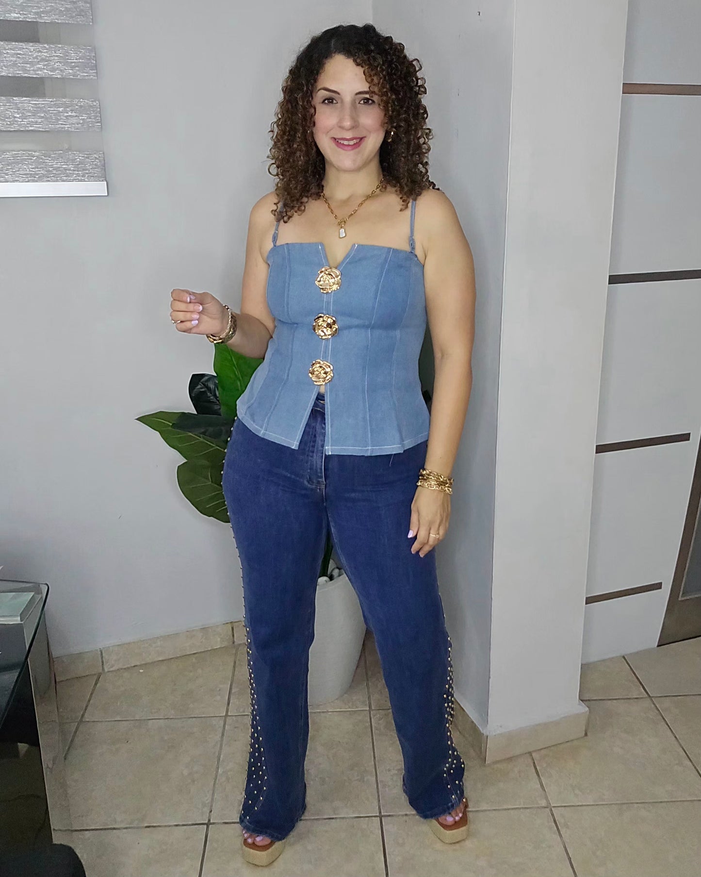 Golden Blossom denim top