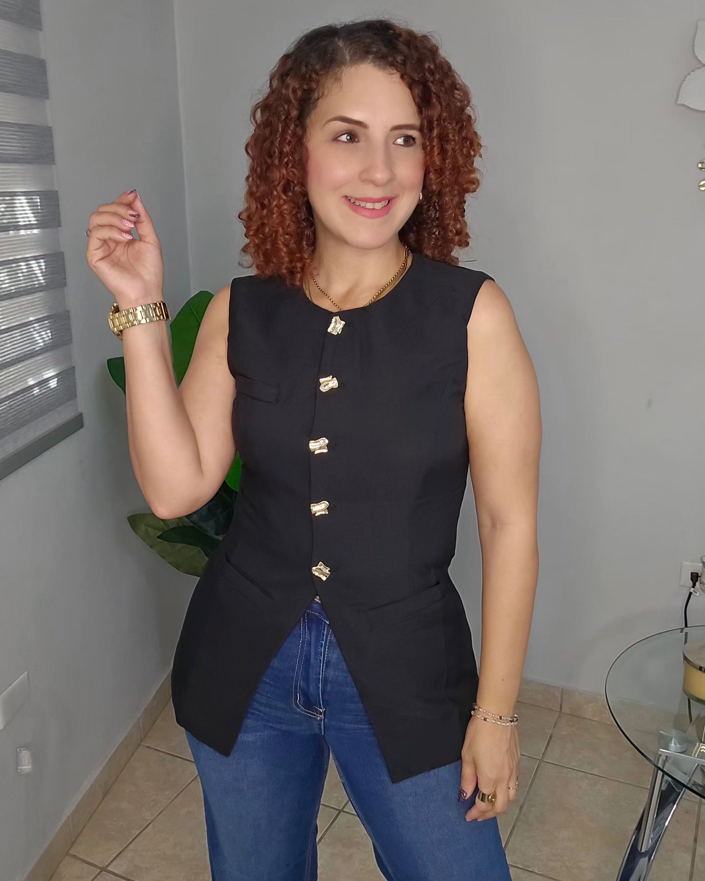 Jeweled Button Black Vest