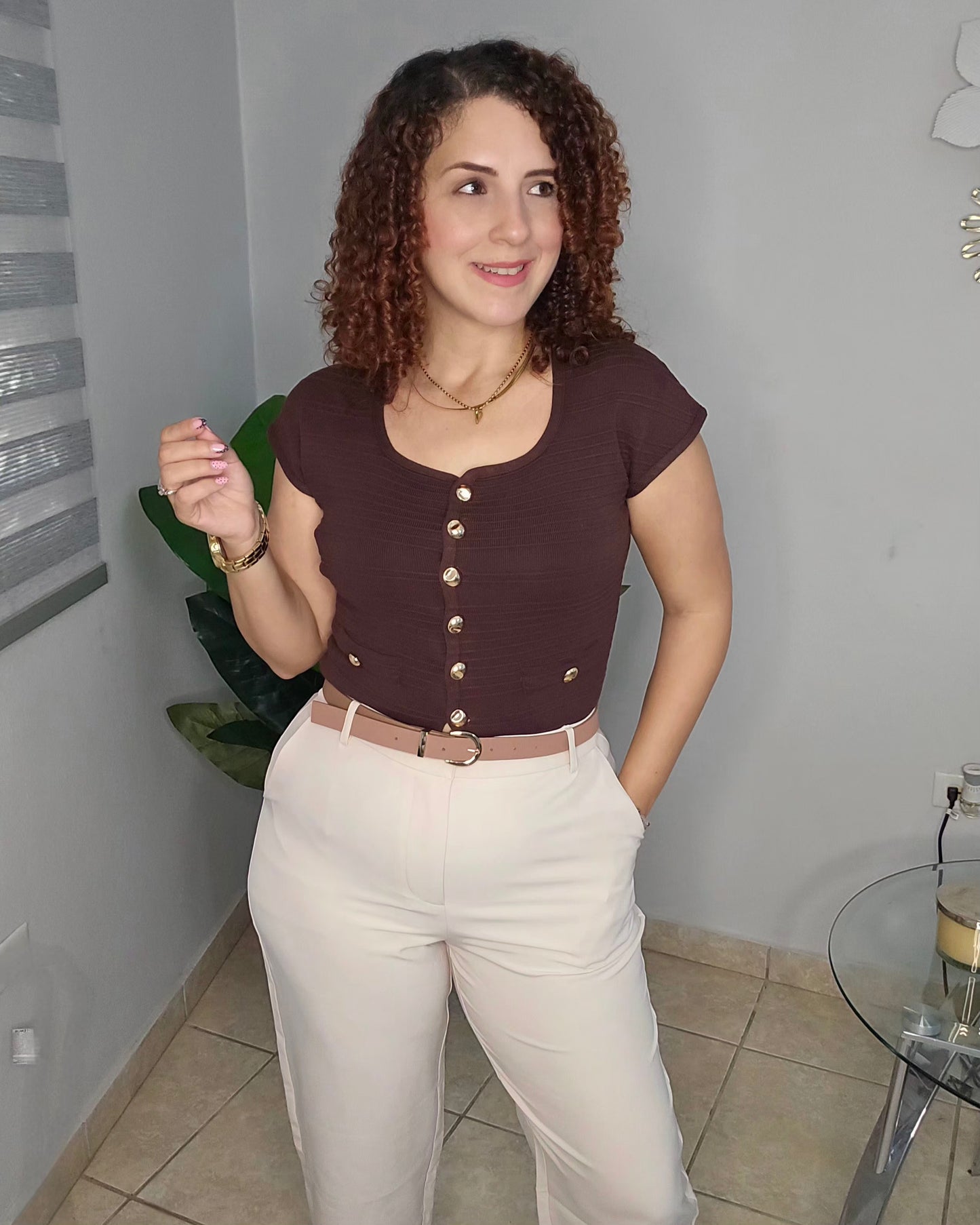 Chocolate Knit Top with Gold Button Detail