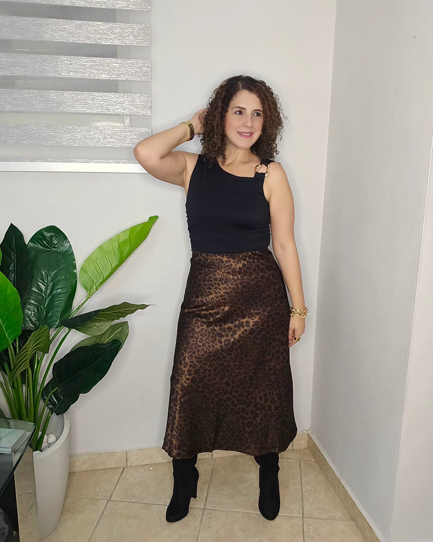 Satin Leopard Midi Skirt