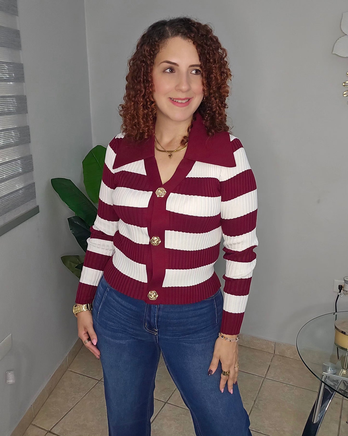 Ribbed Stripe Sweater with Gold Floral Buttons