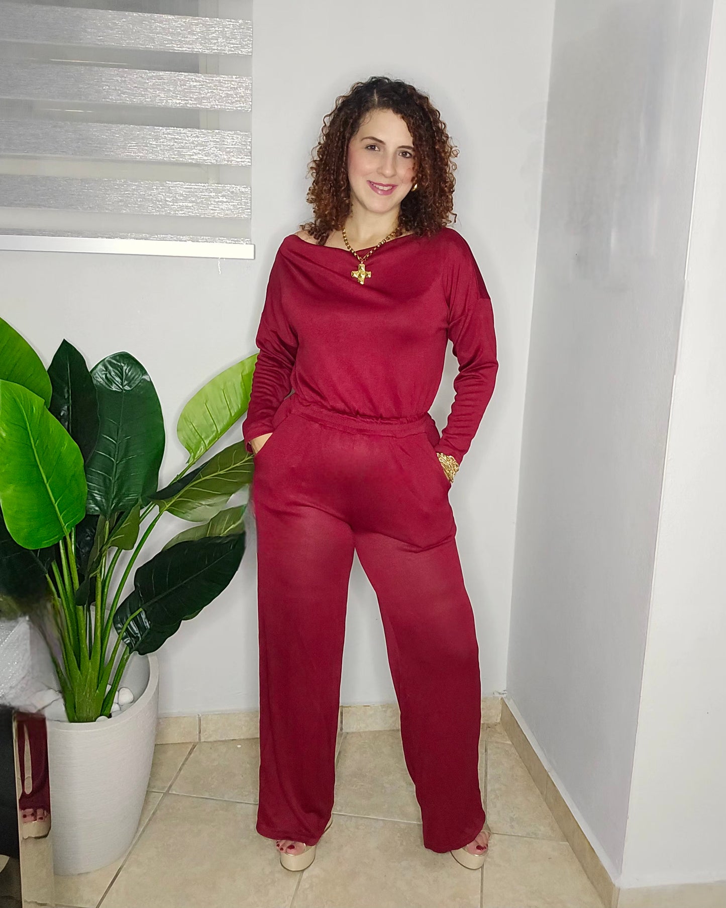 Off shoulder knit jumpsuit