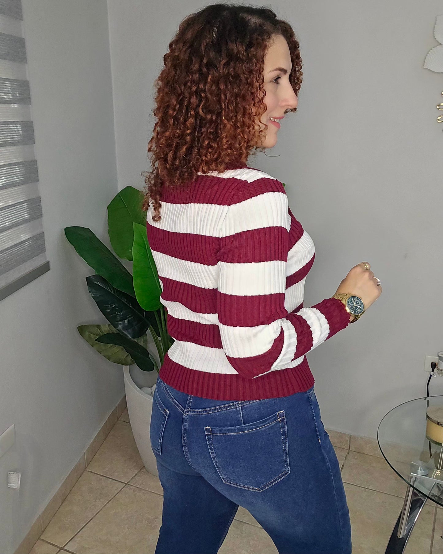 Ribbed Stripe Sweater with Gold Floral Buttons