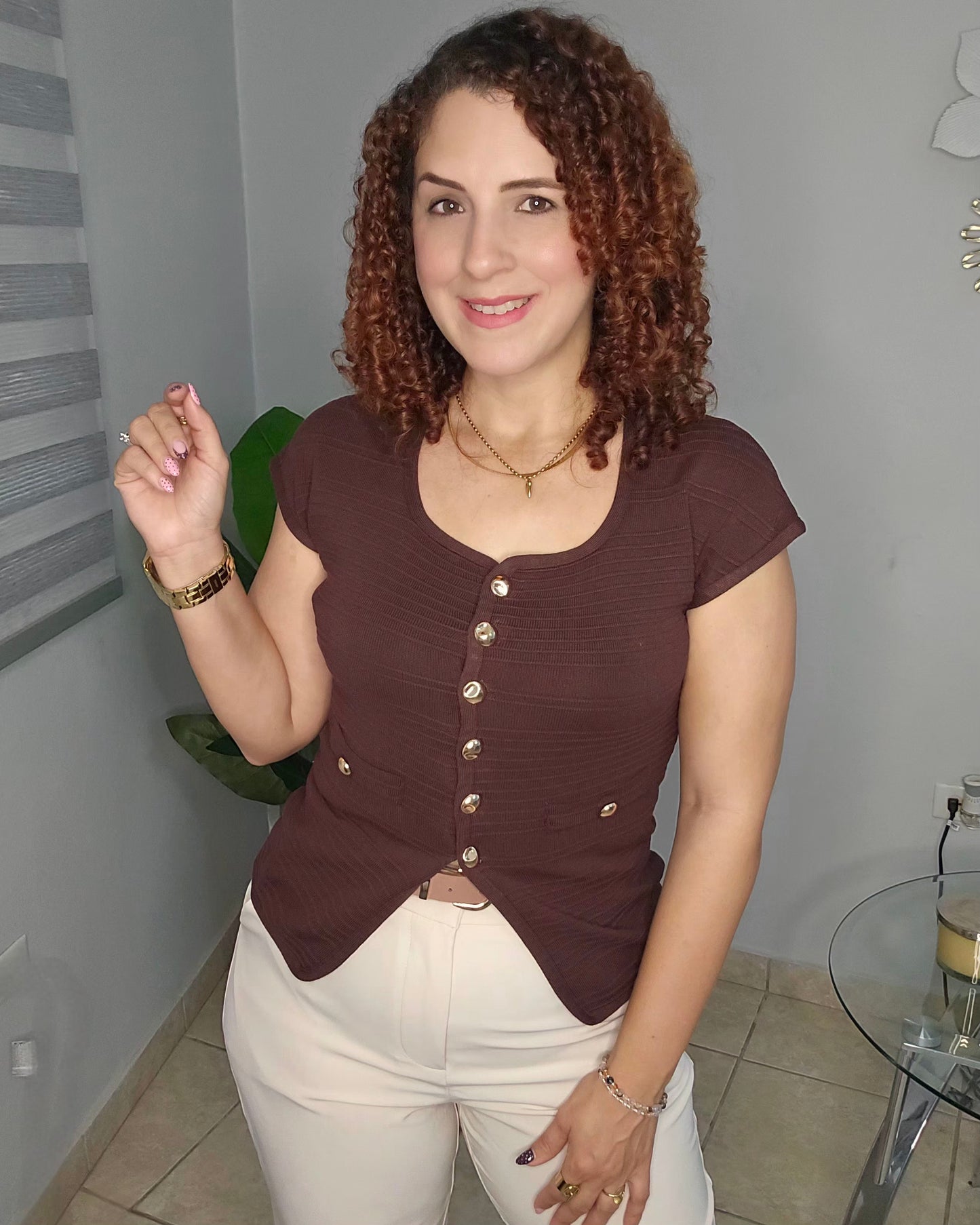 Chocolate Knit Top with Gold Button Detail