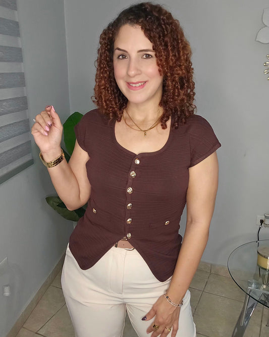 Chocolate Knit Top with Gold Button Detail