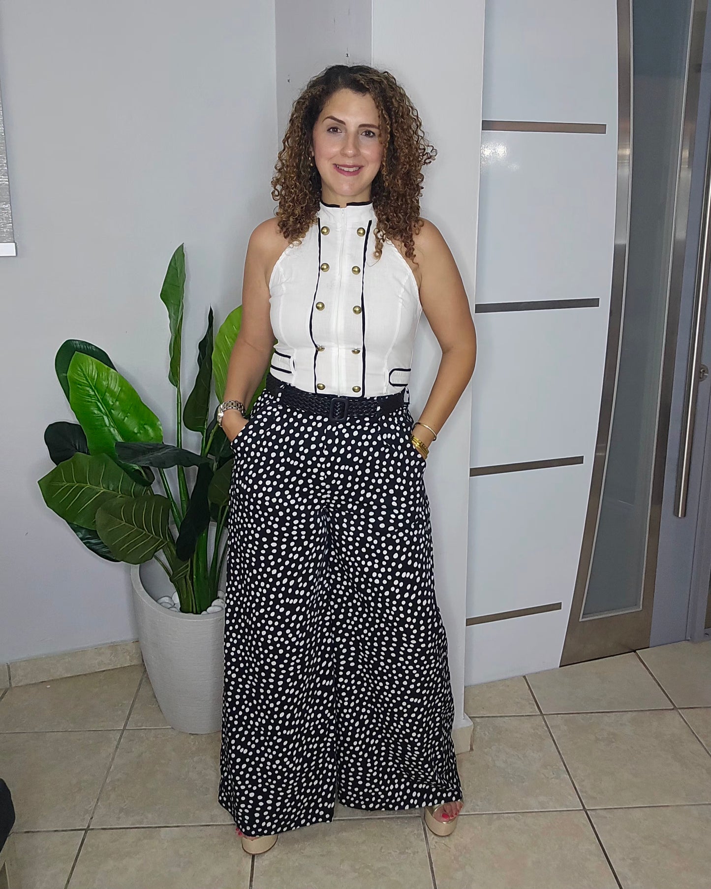 Midnight Dotted Wide-Leg Belted Trusers