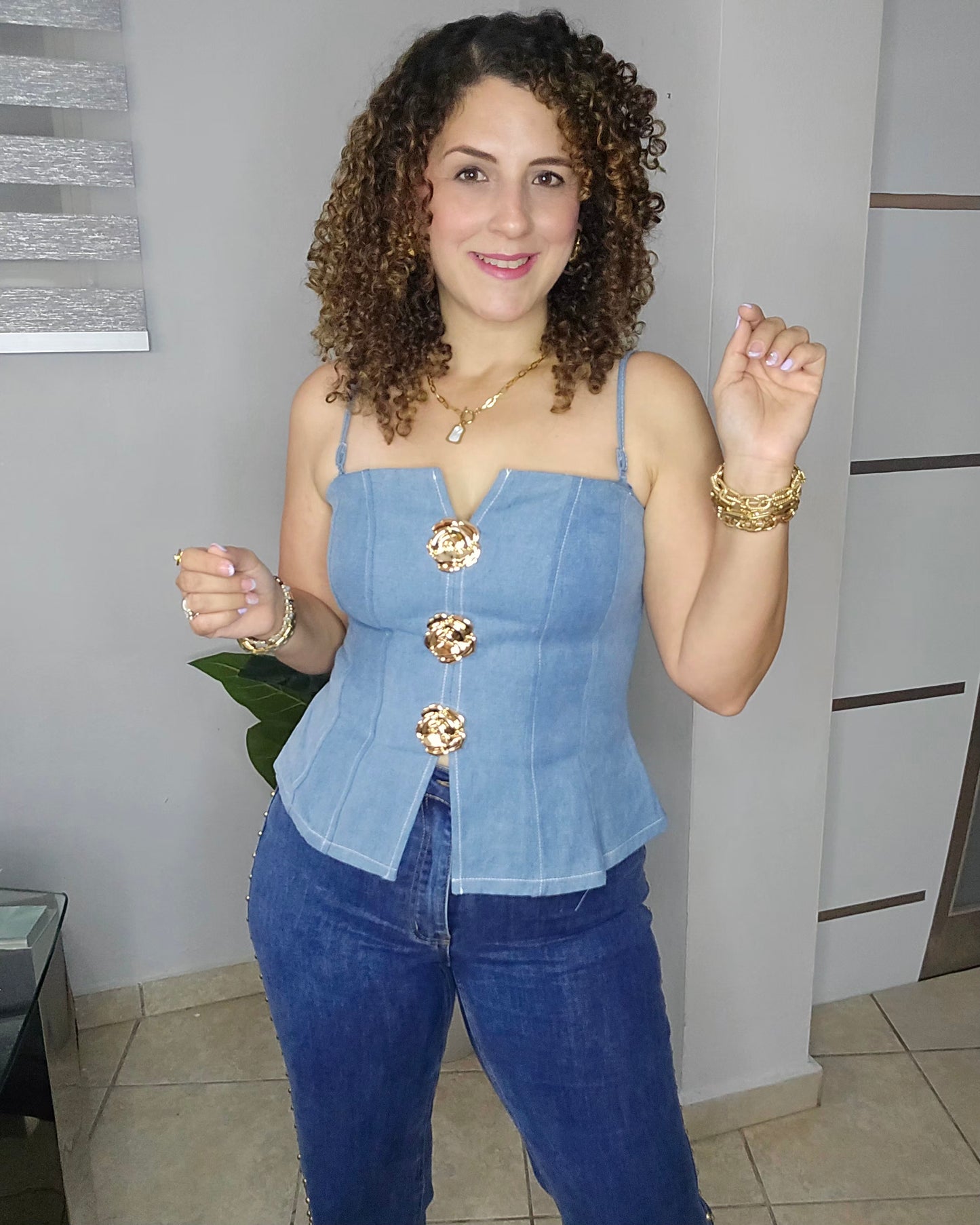 Golden Blossom denim top