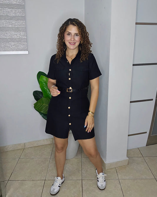 Sofía Belted Mini Dress in Black