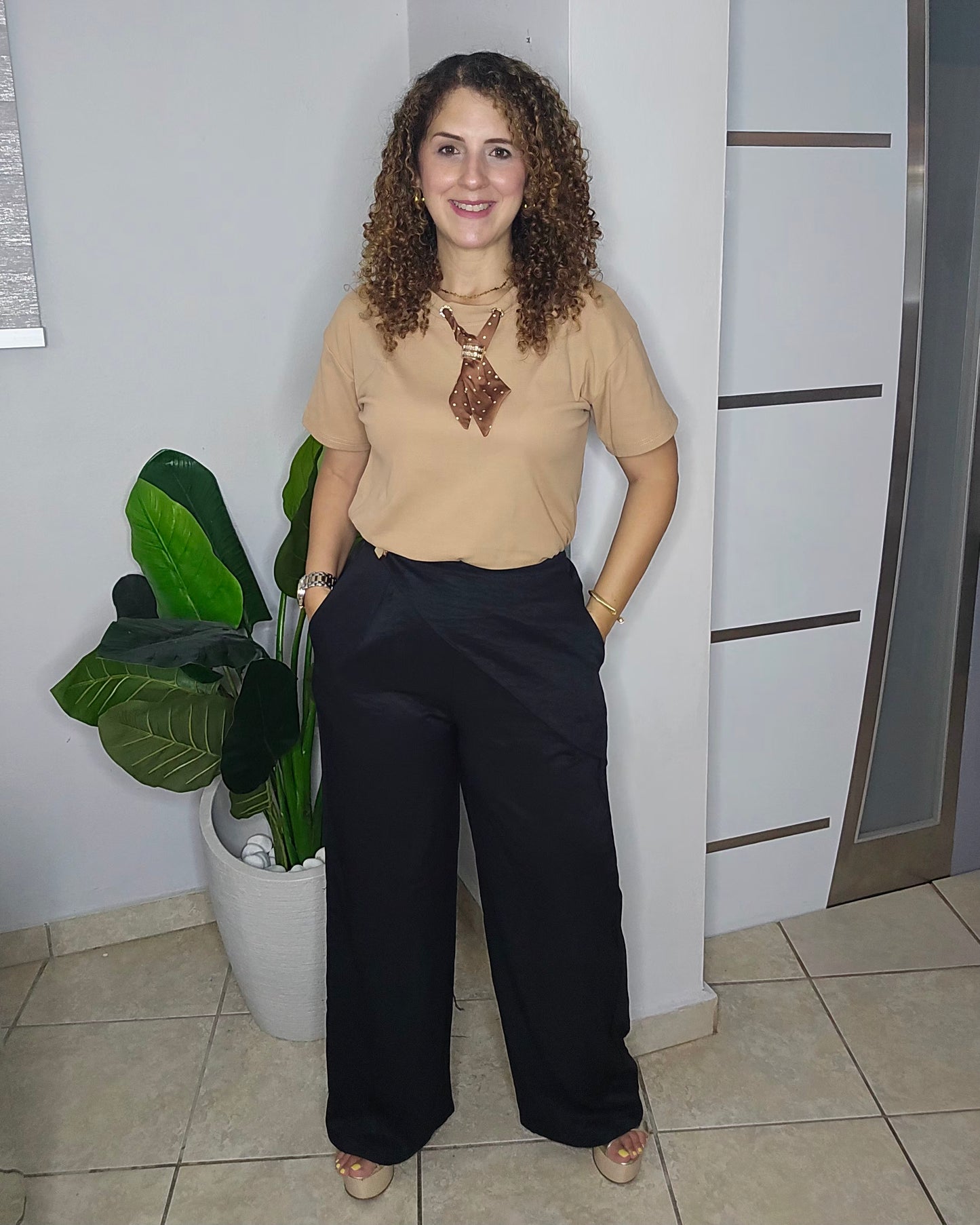 Polka Bow Top in Camel