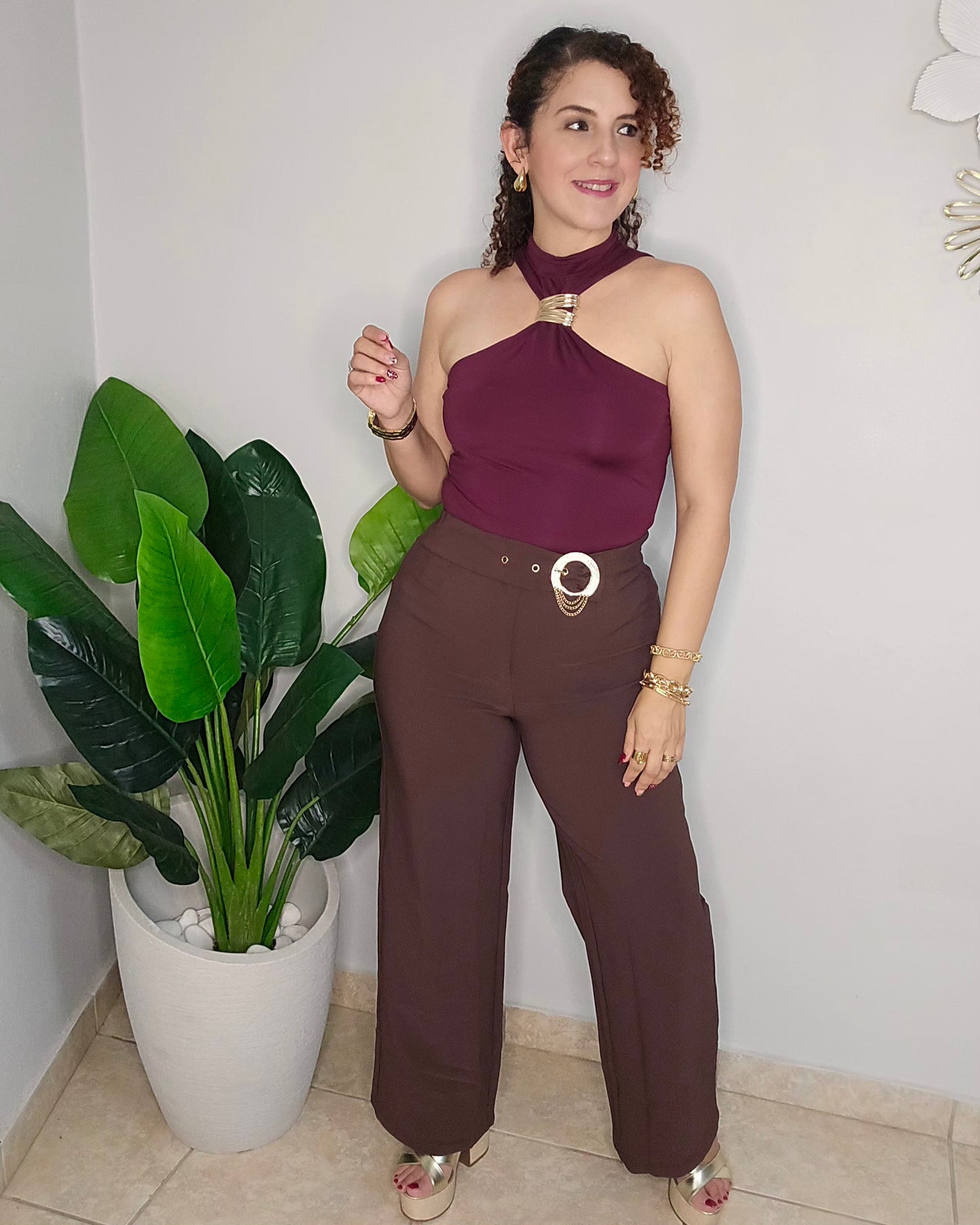 Gold Buckle Detail Wide-Leg Trousers