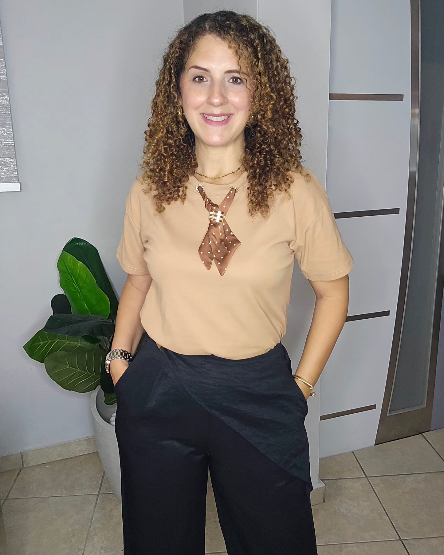 Polka Bow Top in Camel