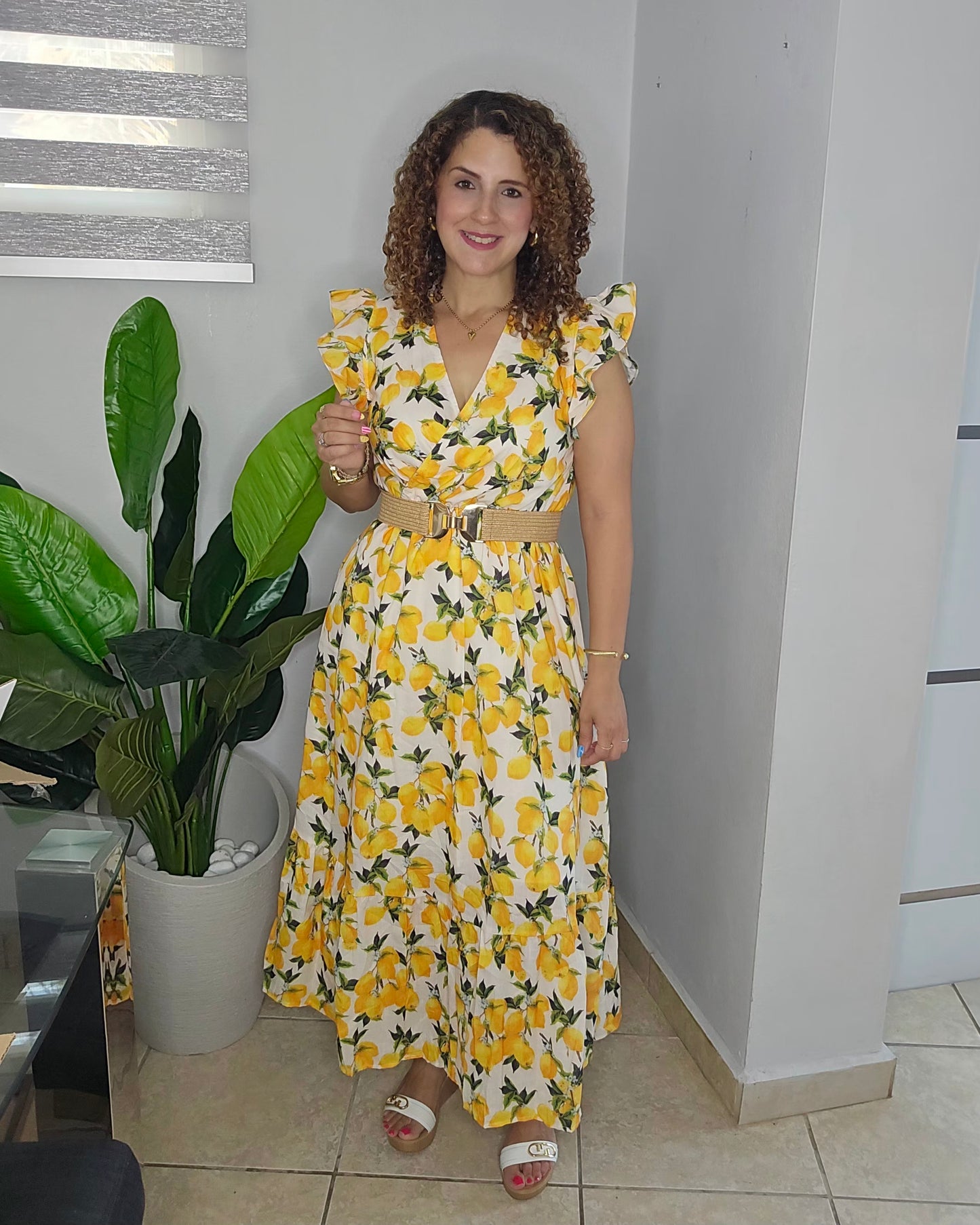 Golden Lemon Belted Maxi Dress