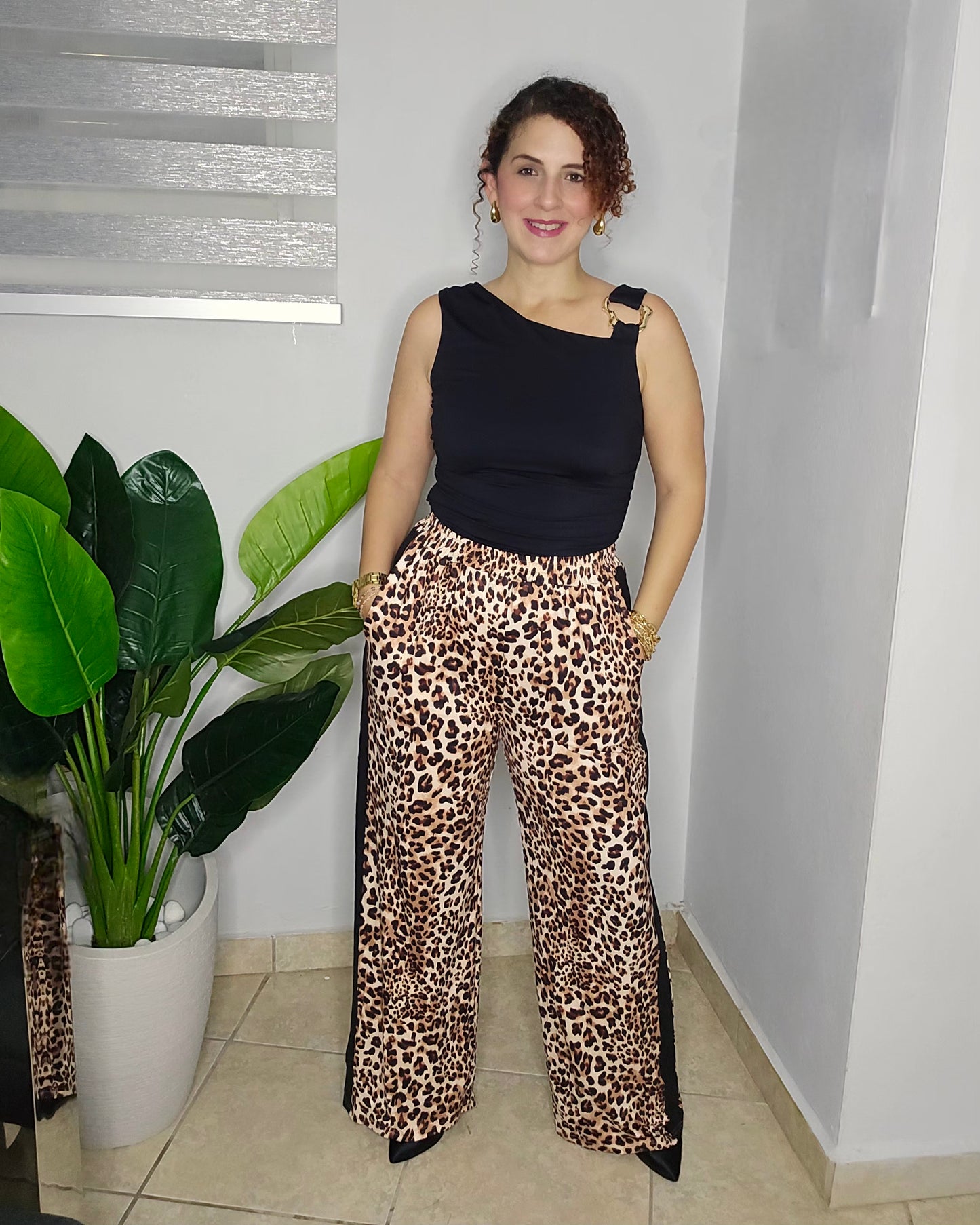 Leopard print wide-leg pant