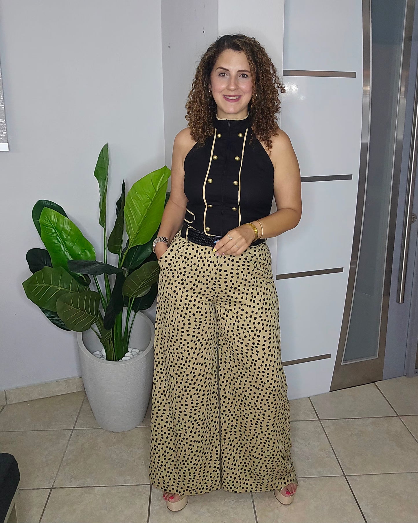 Champagne Dotted  Wide-Leg Belted Trousers