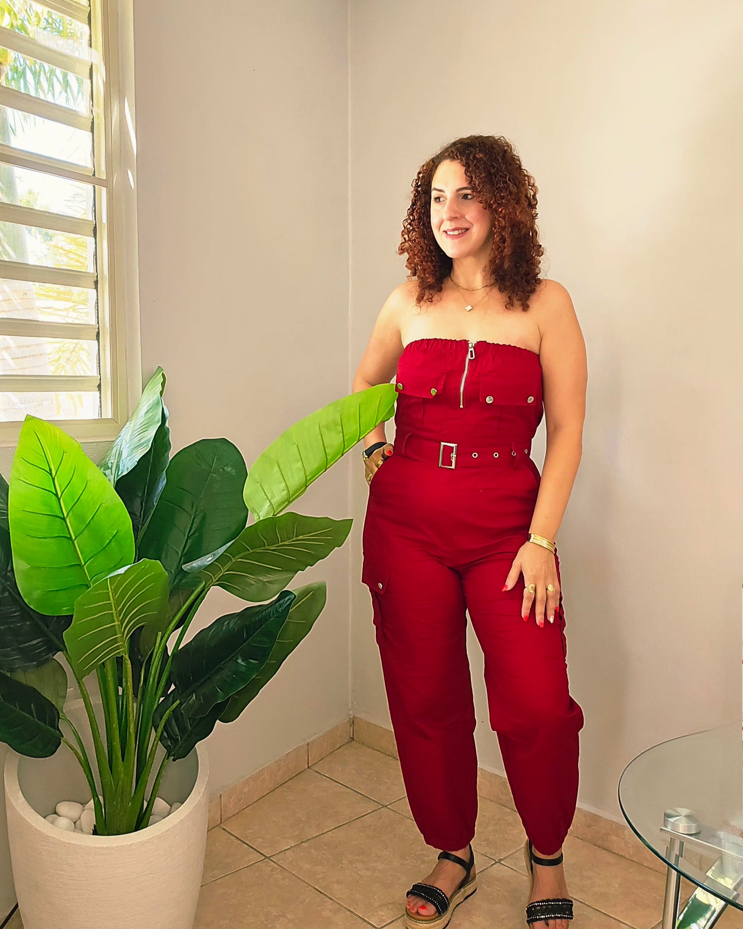 Strapless Burgundy jumpsuit