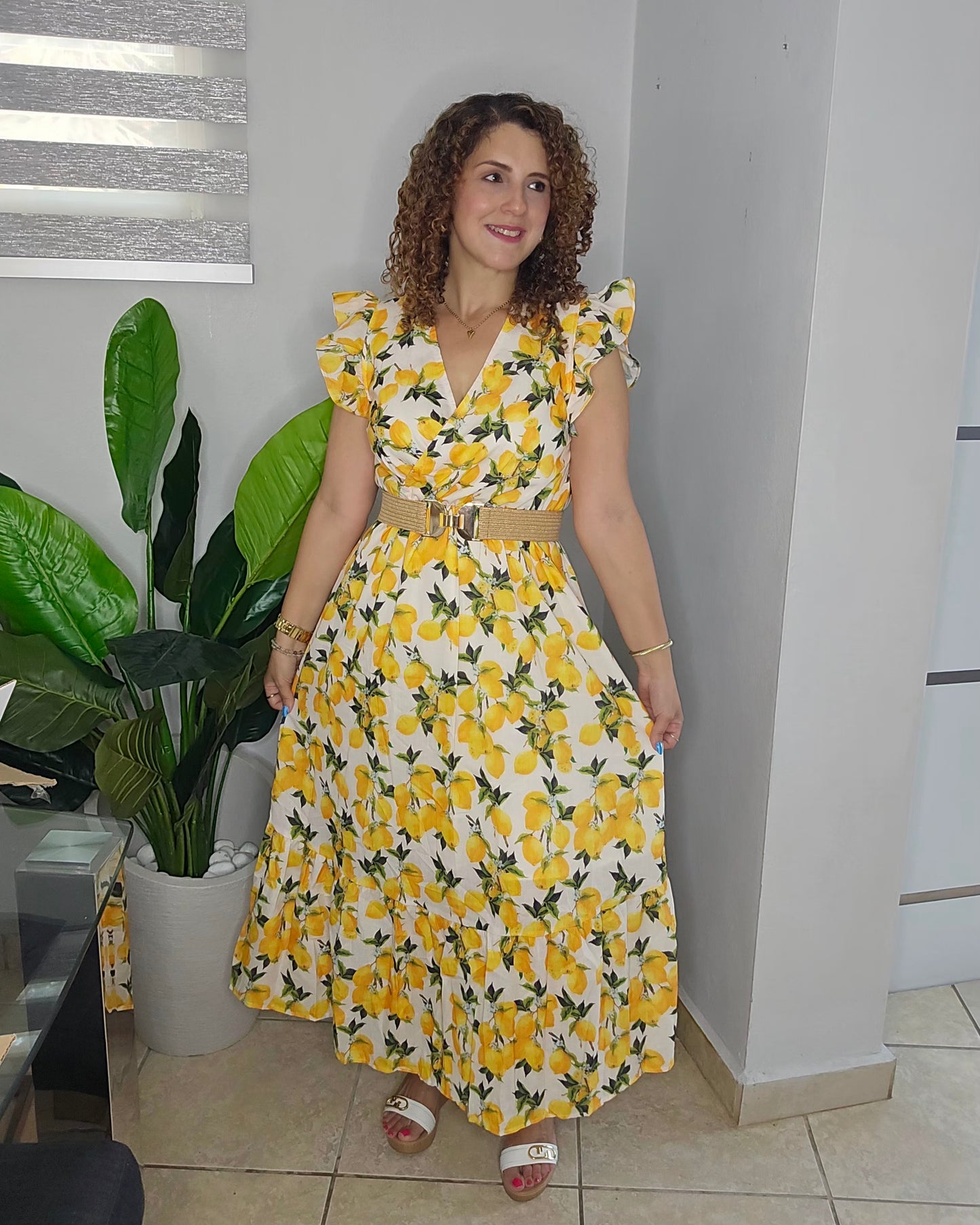 Golden Lemon Belted Maxi Dress