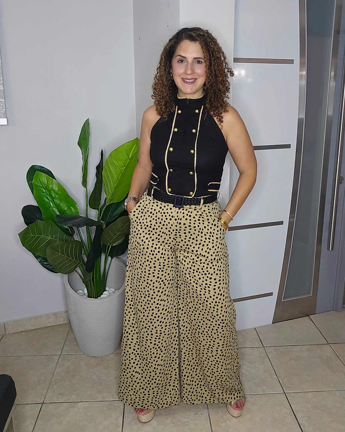 Champagne Dotted  Wide-Leg Belted Trousers