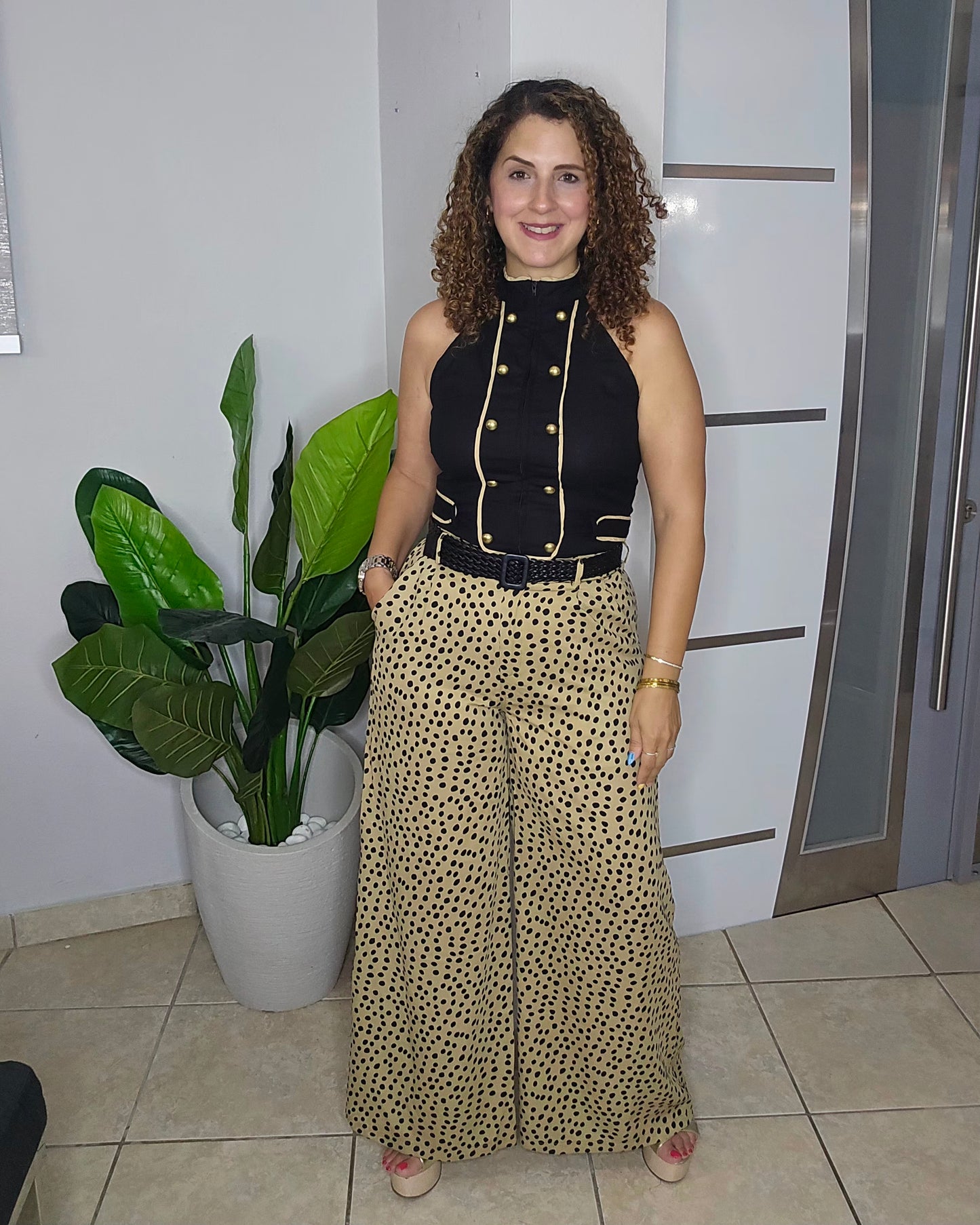 Champagne Dotted  Wide-Leg Belted Trousers