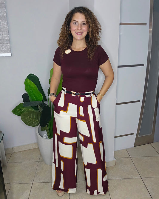 Abstract Muse Belted Palazzo-Burgundy
