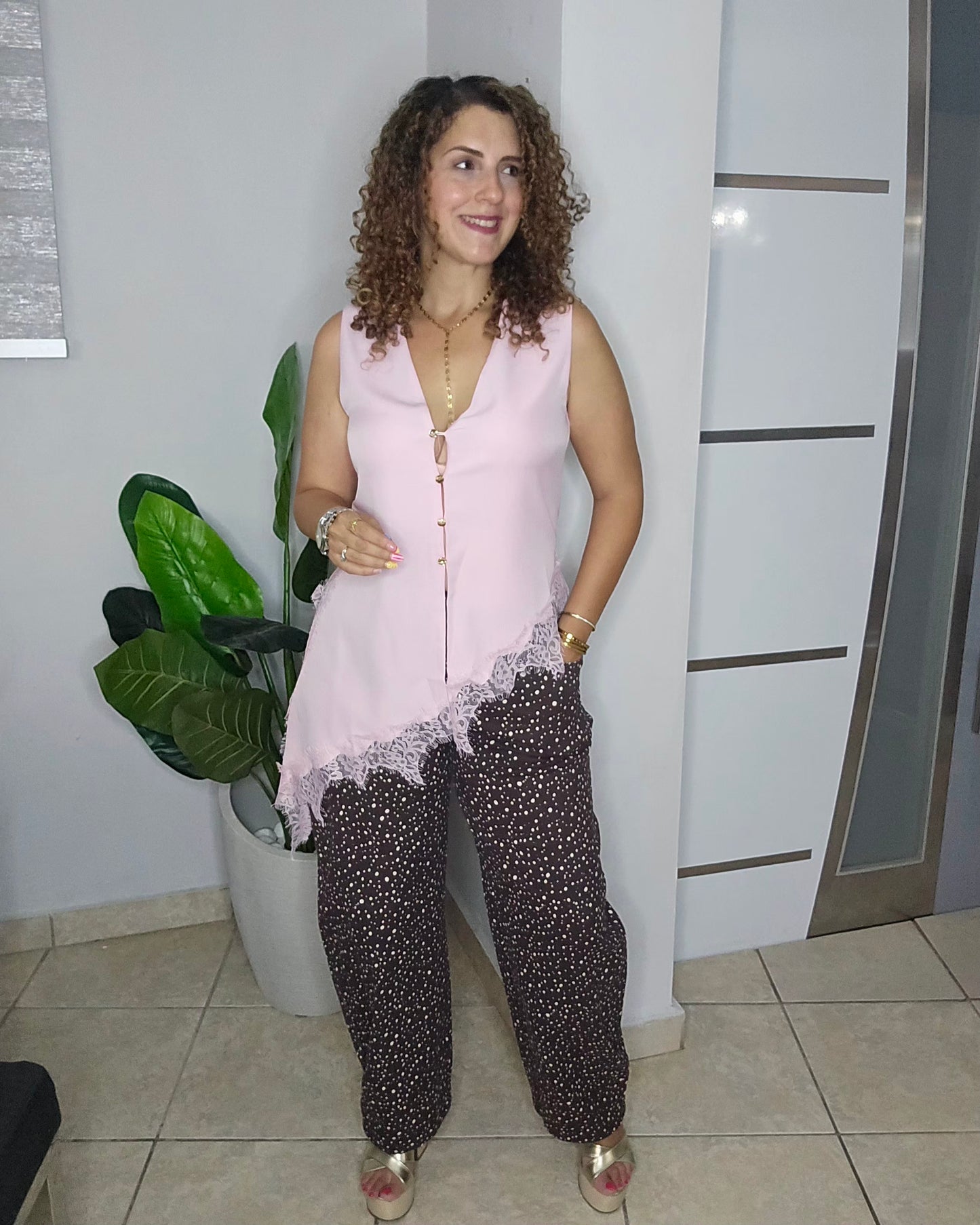 Chocolate Contrast Dot Barrel Pants