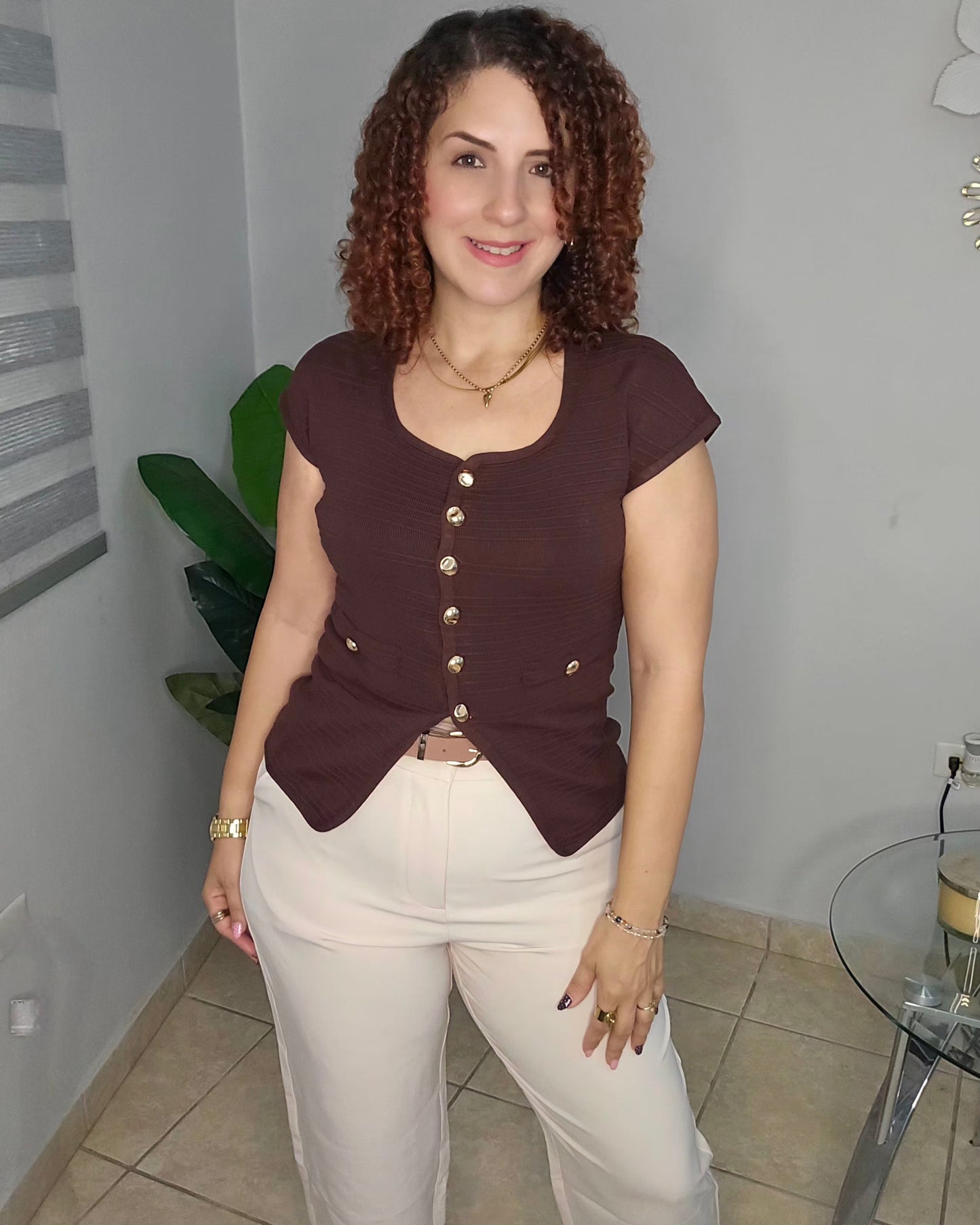 Chocolate Knit Top with Gold Button Detail