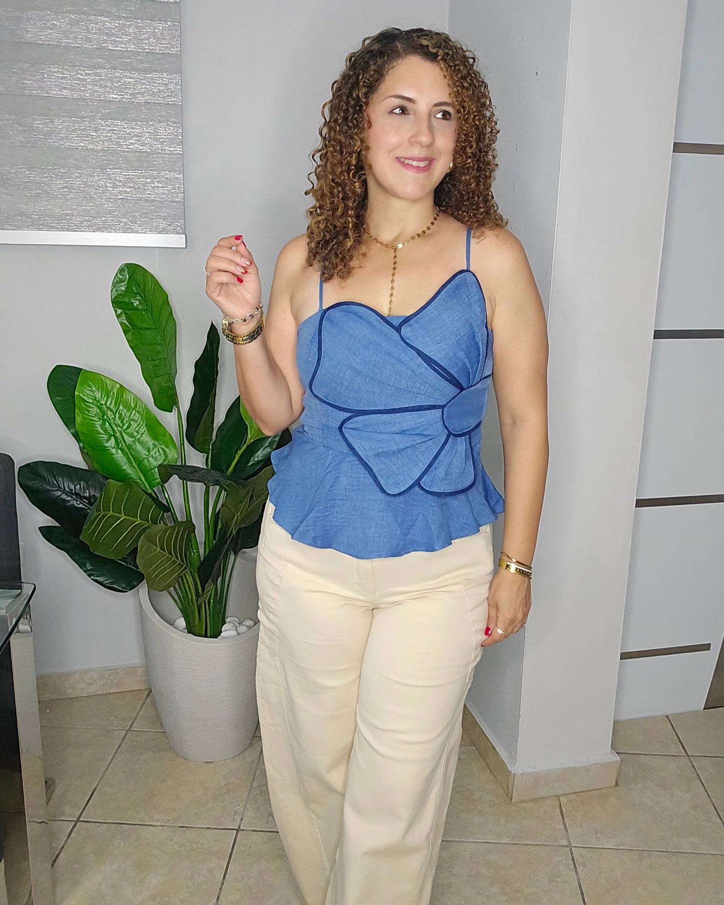 Rosé Denim Flower Peplum Top