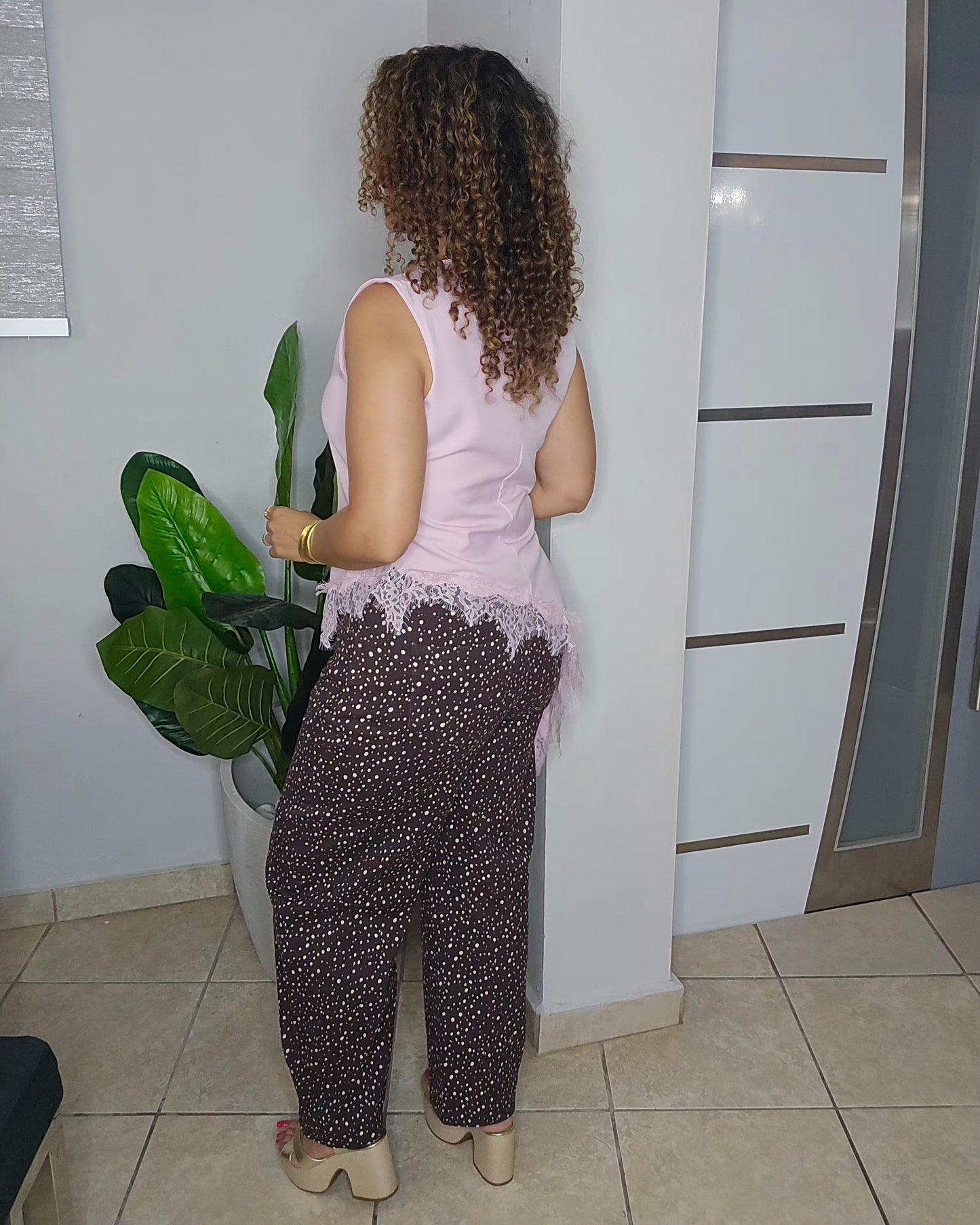 Chocolate Contrast Dot Barrel Pants
