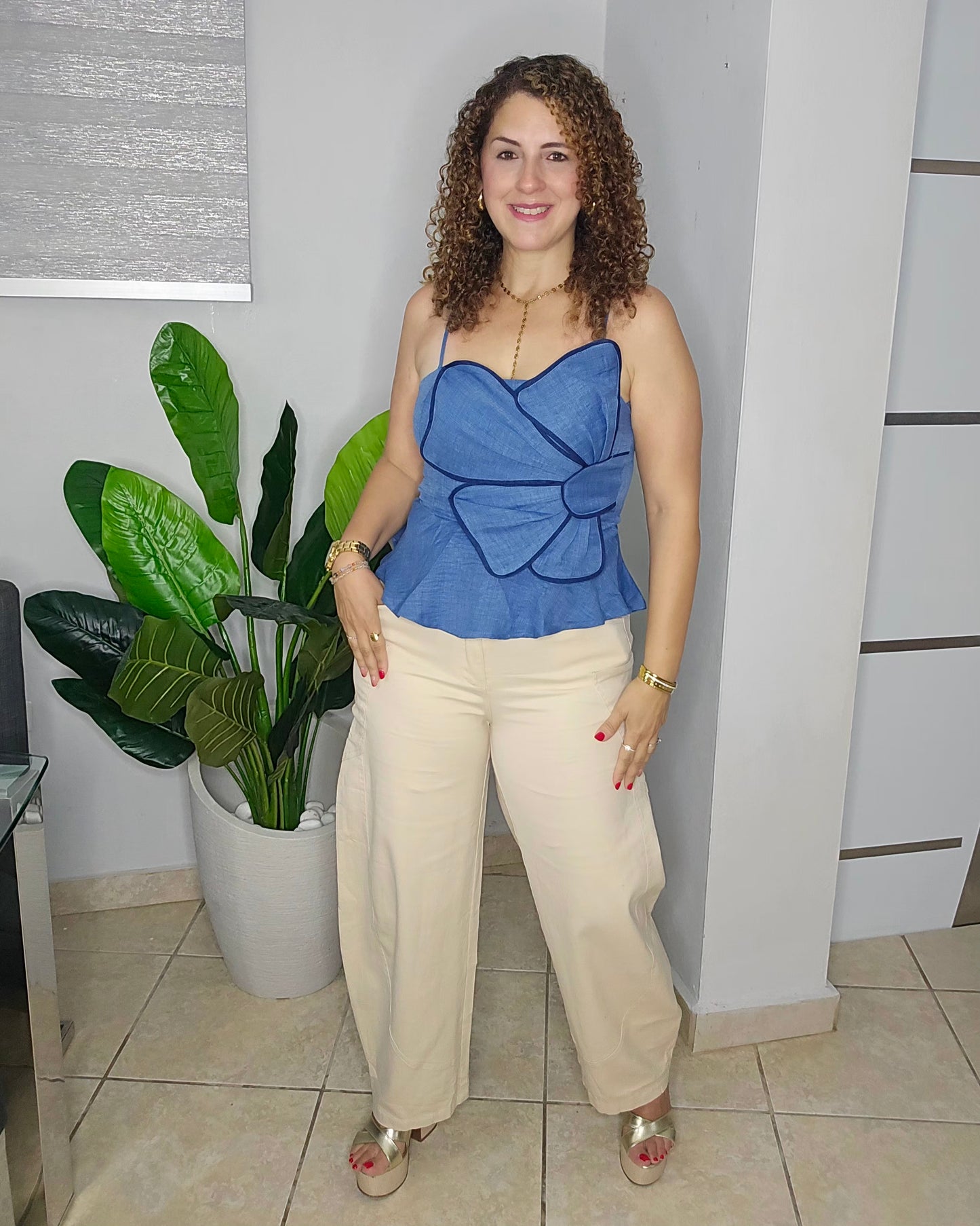 Rosé Denim Flower Peplum Top