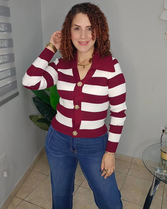 Ribbed Stripe Sweater with Gold Floral Buttons