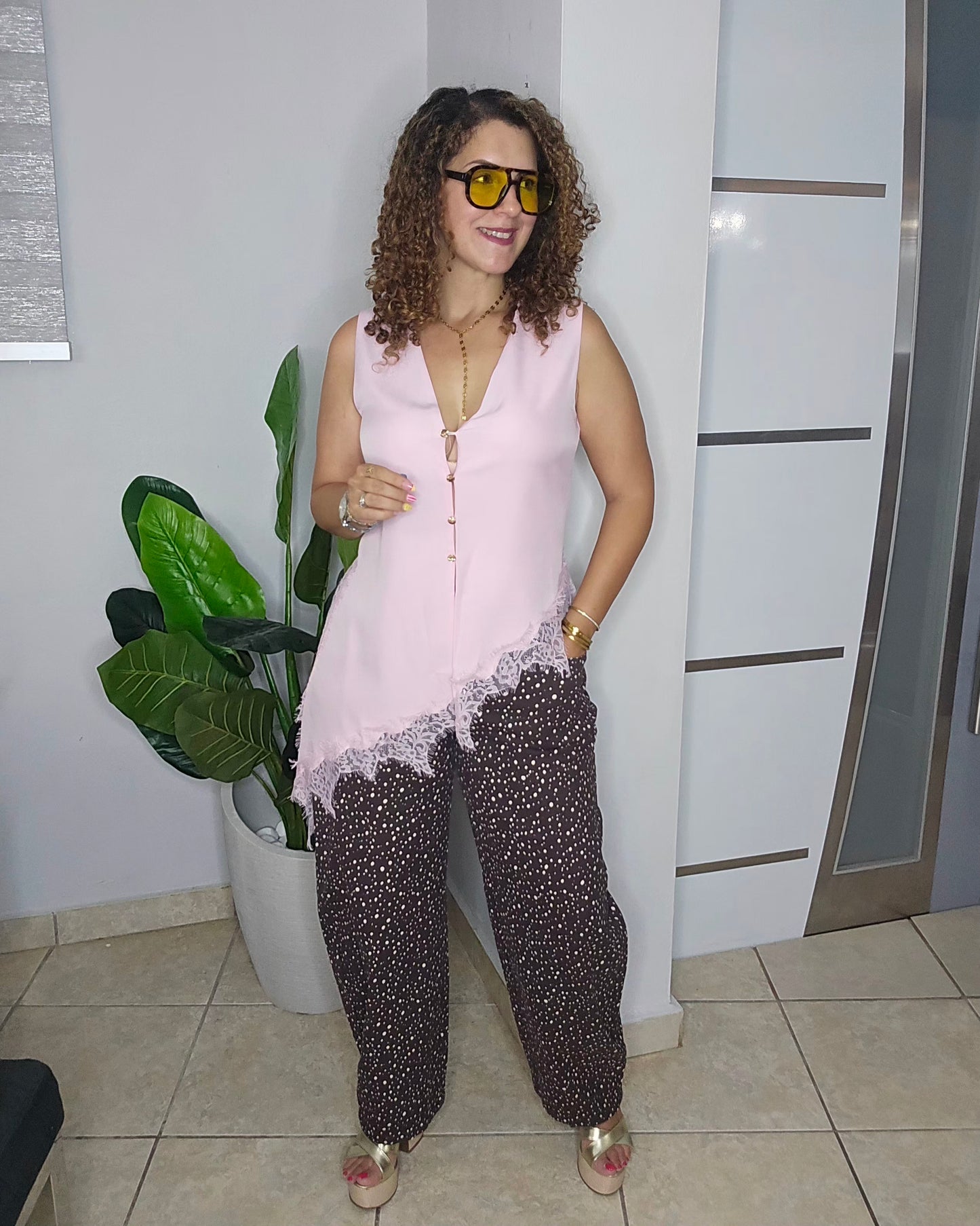 Chocolate Contrast Dot Barrel Pants