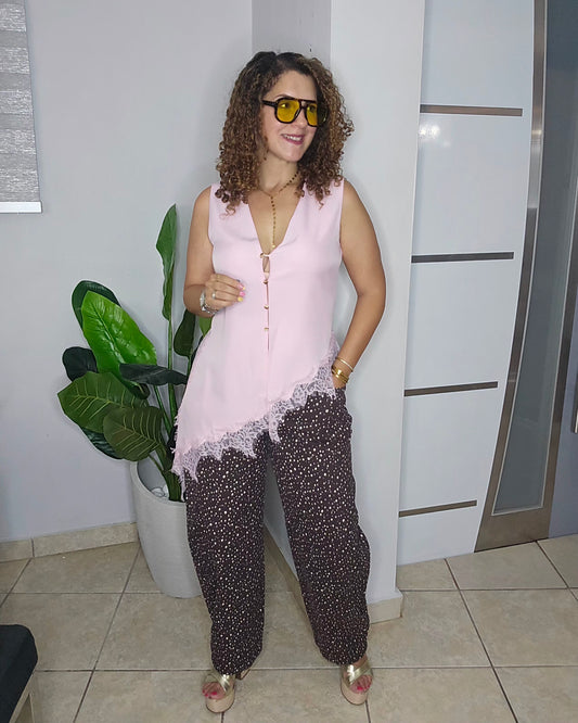 Chocolate Contrast Dot Barrel Pants