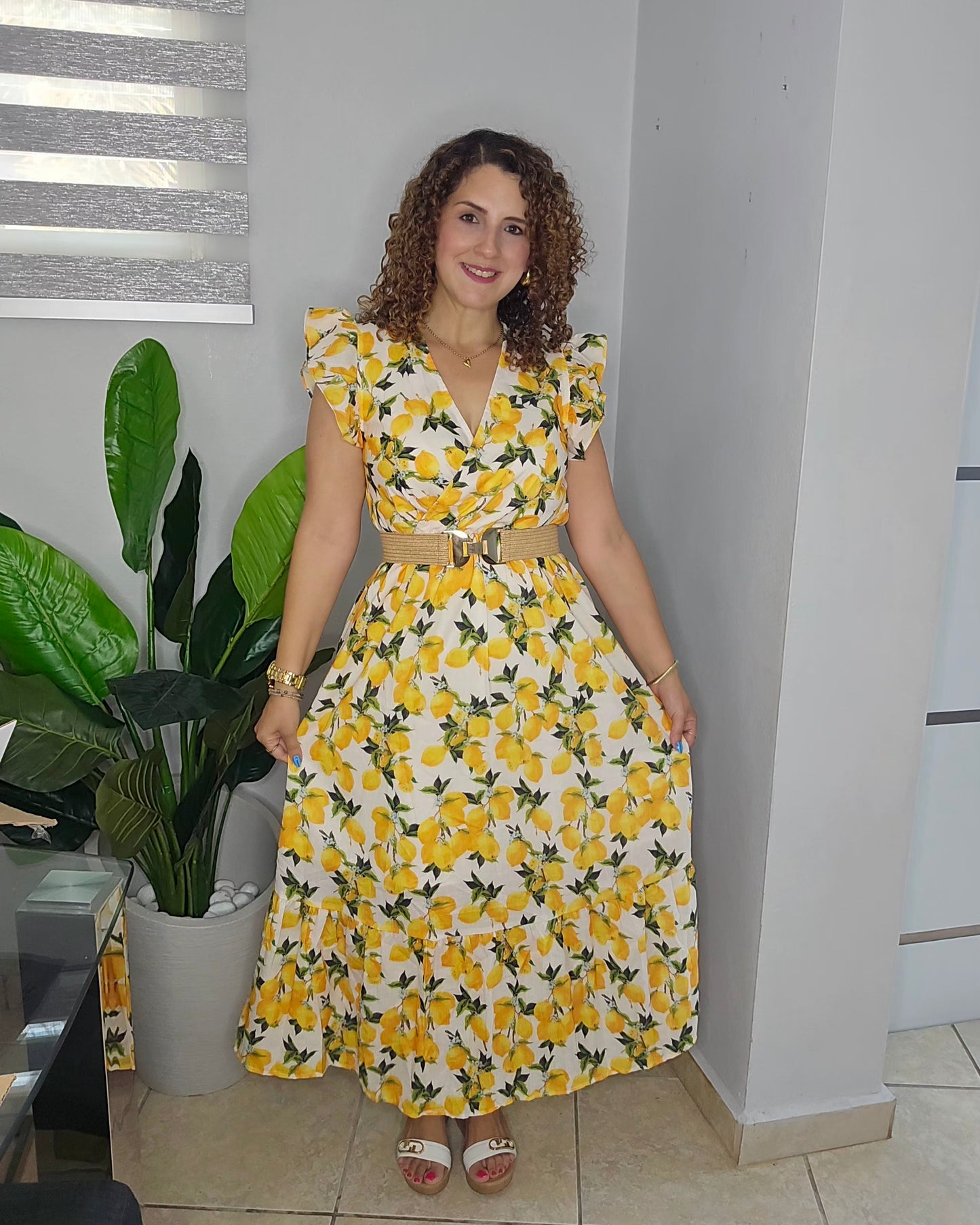 Golden Lemon Belted Maxi Dress