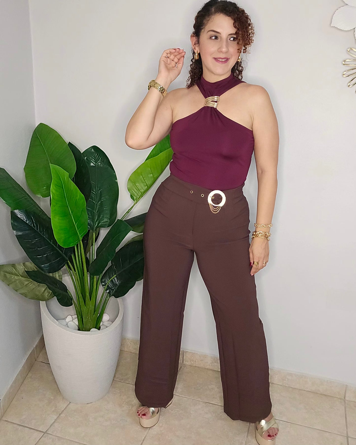 Gold Buckle Detail Wide-Leg Trousers