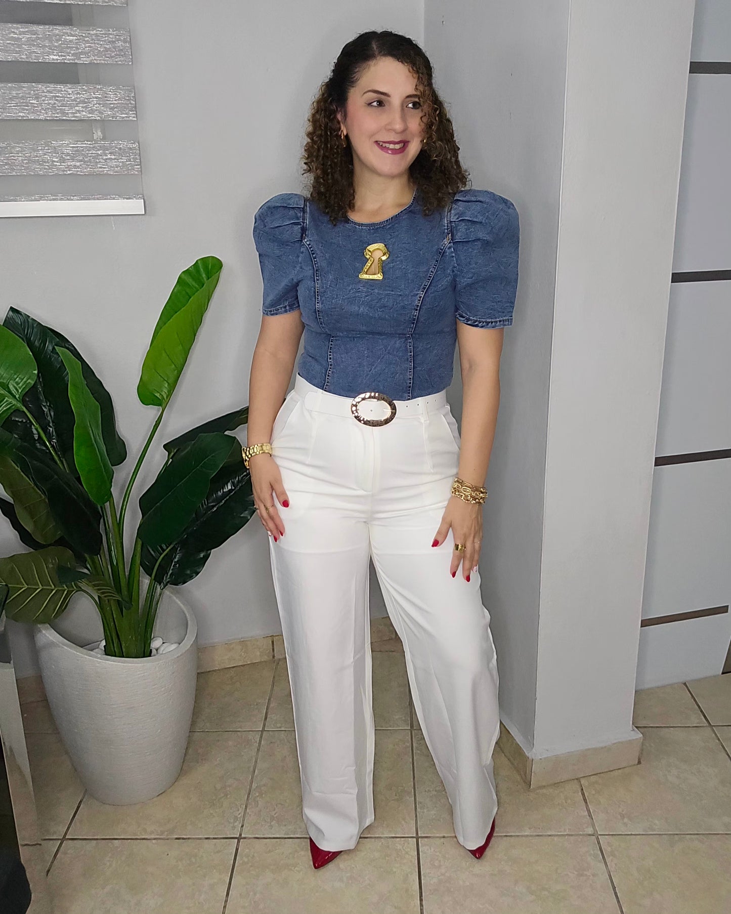 White luxe belted pants