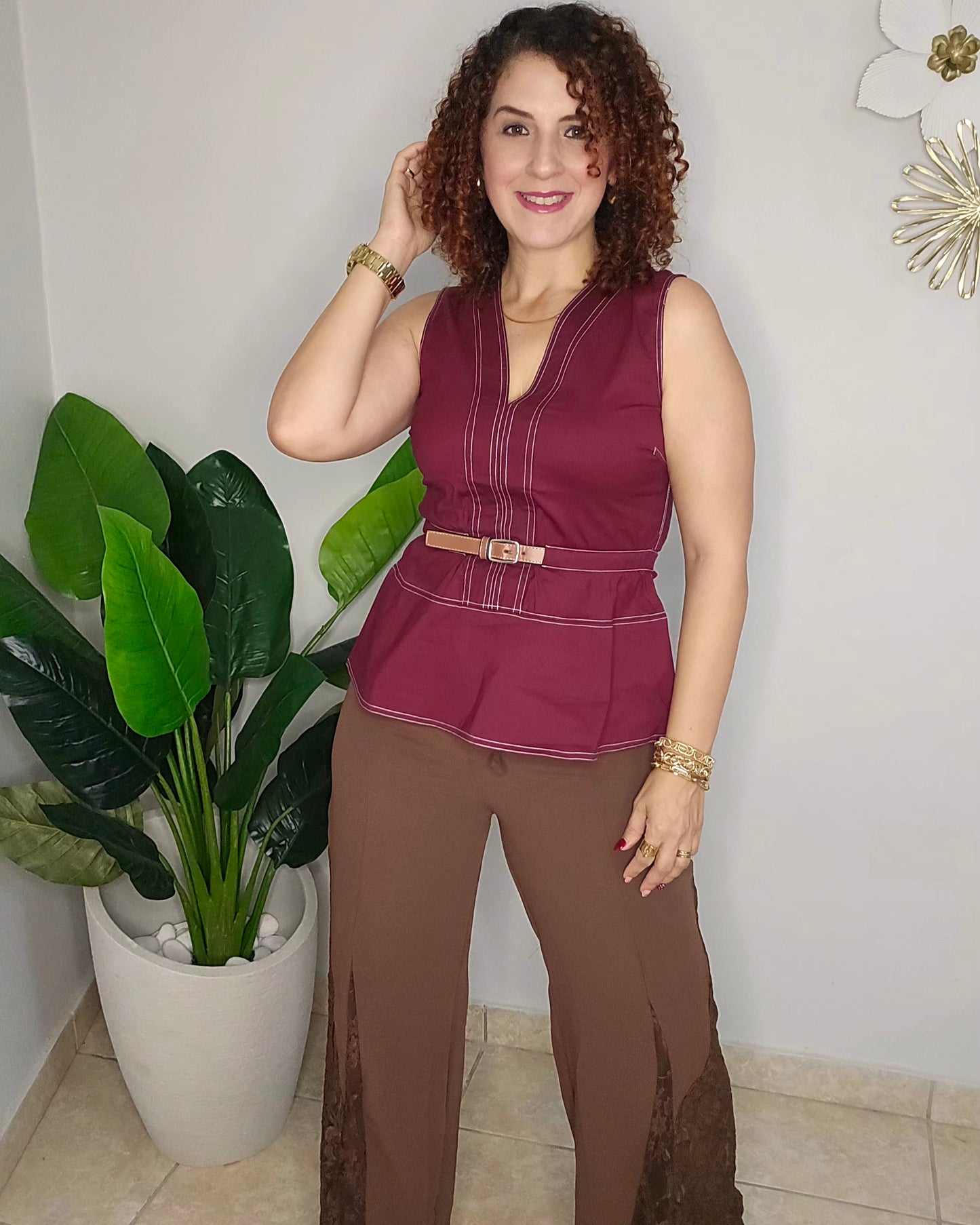 V Neck Belted Peplum Top